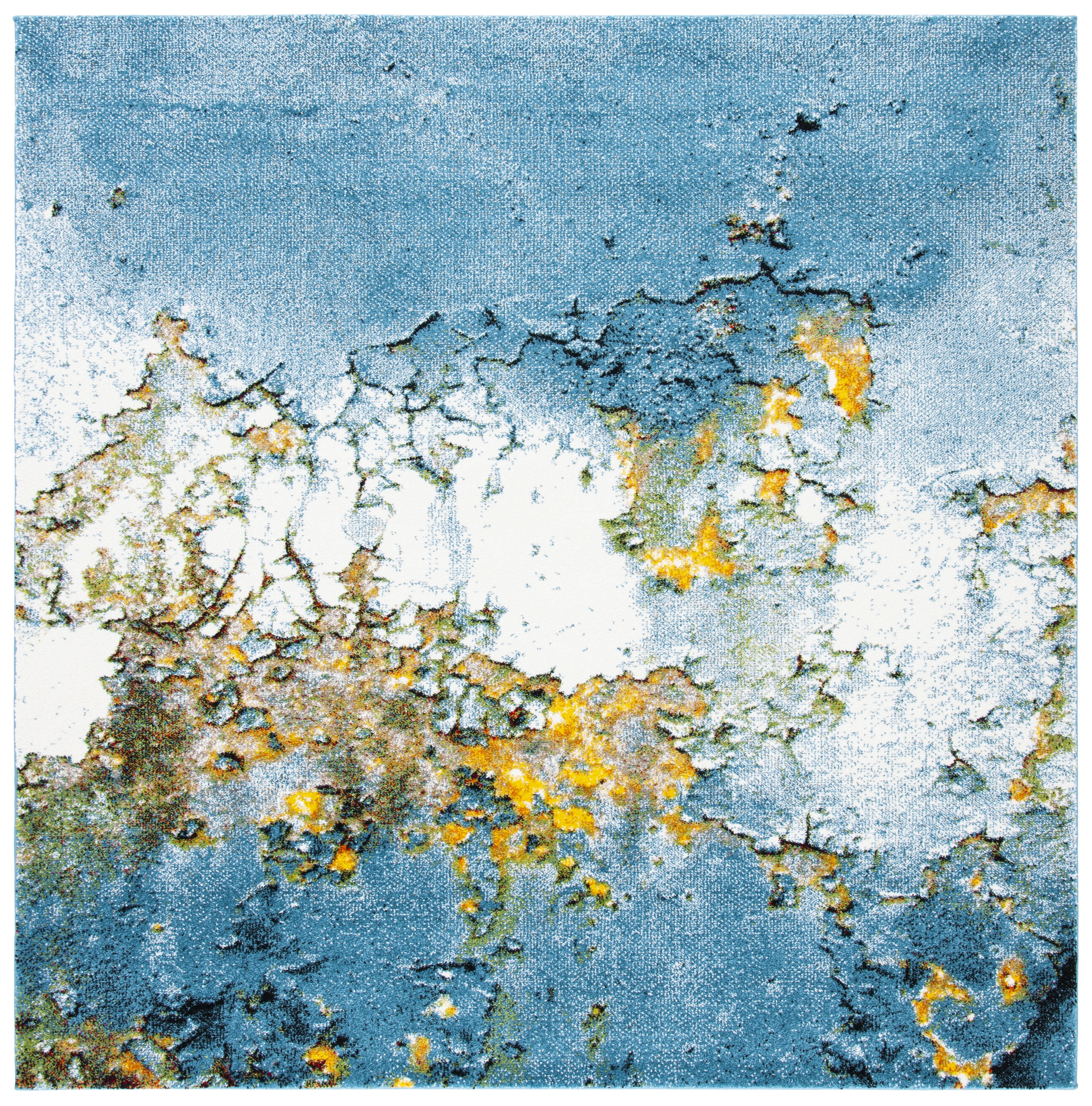 Blue and Gold Abstract Square Synthetic Area Rug