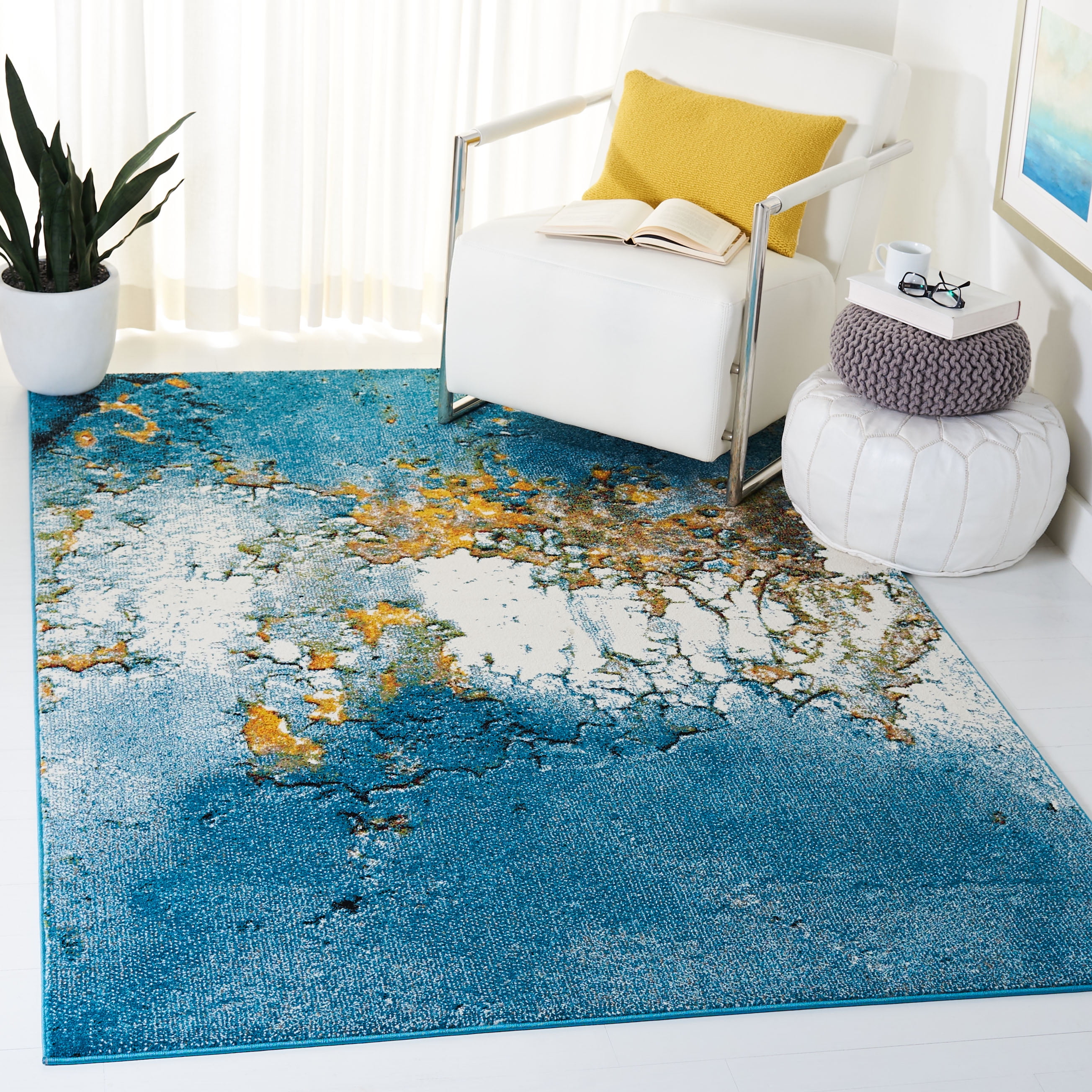 Blue and Gold Abstract Square Synthetic Area Rug