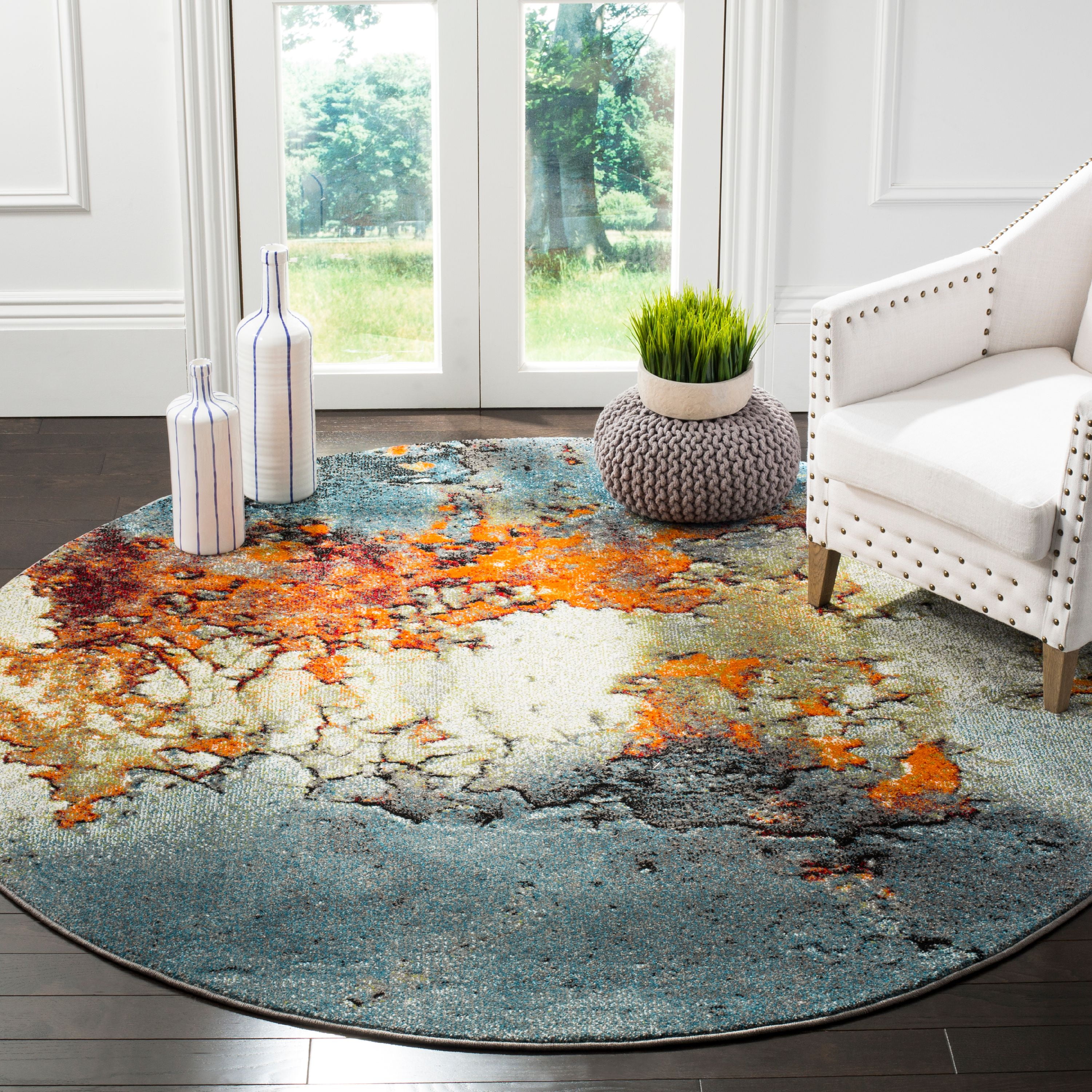 6'7" Round Blue and Multi Abstract Area Rug