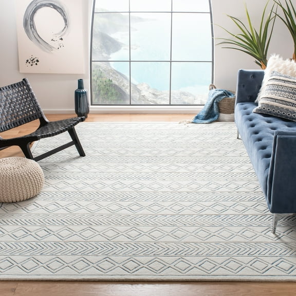 SAFAVIEH Glamour Alan Geometric Wool Area Rug, Ivory/Blue, 5' x 8'