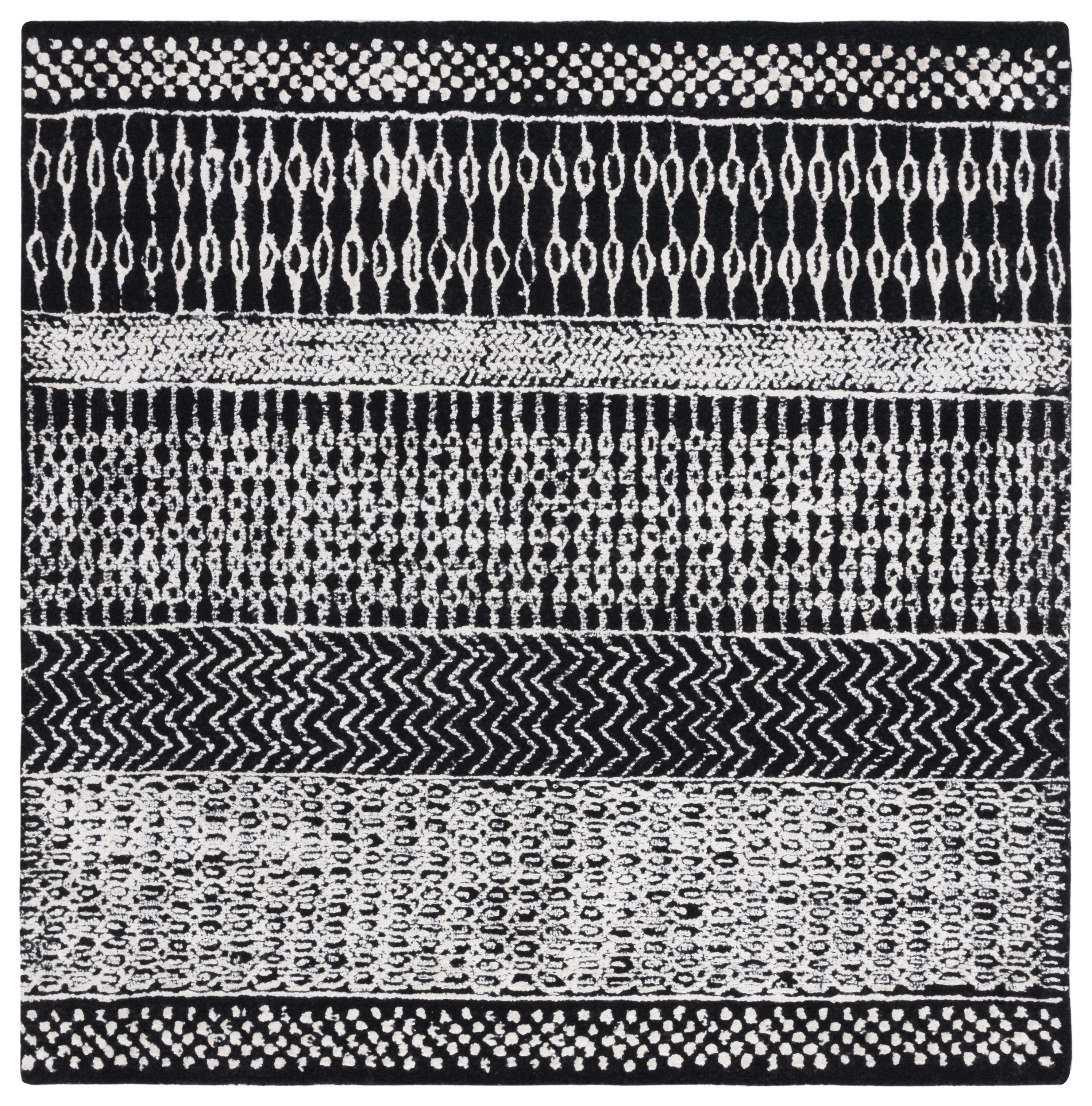 Elegant Square Black and Ivory Hand-Tufted Wool Area Rug - 6'