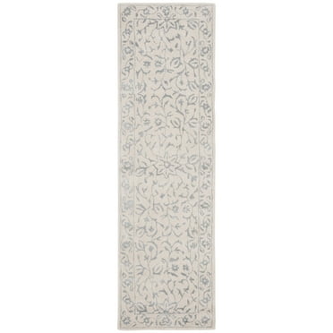 SAFAVIEH Glamour Beaumont Floral Bordered Wool Runner Rug, Silver/Ivory, 2'3" x 8'