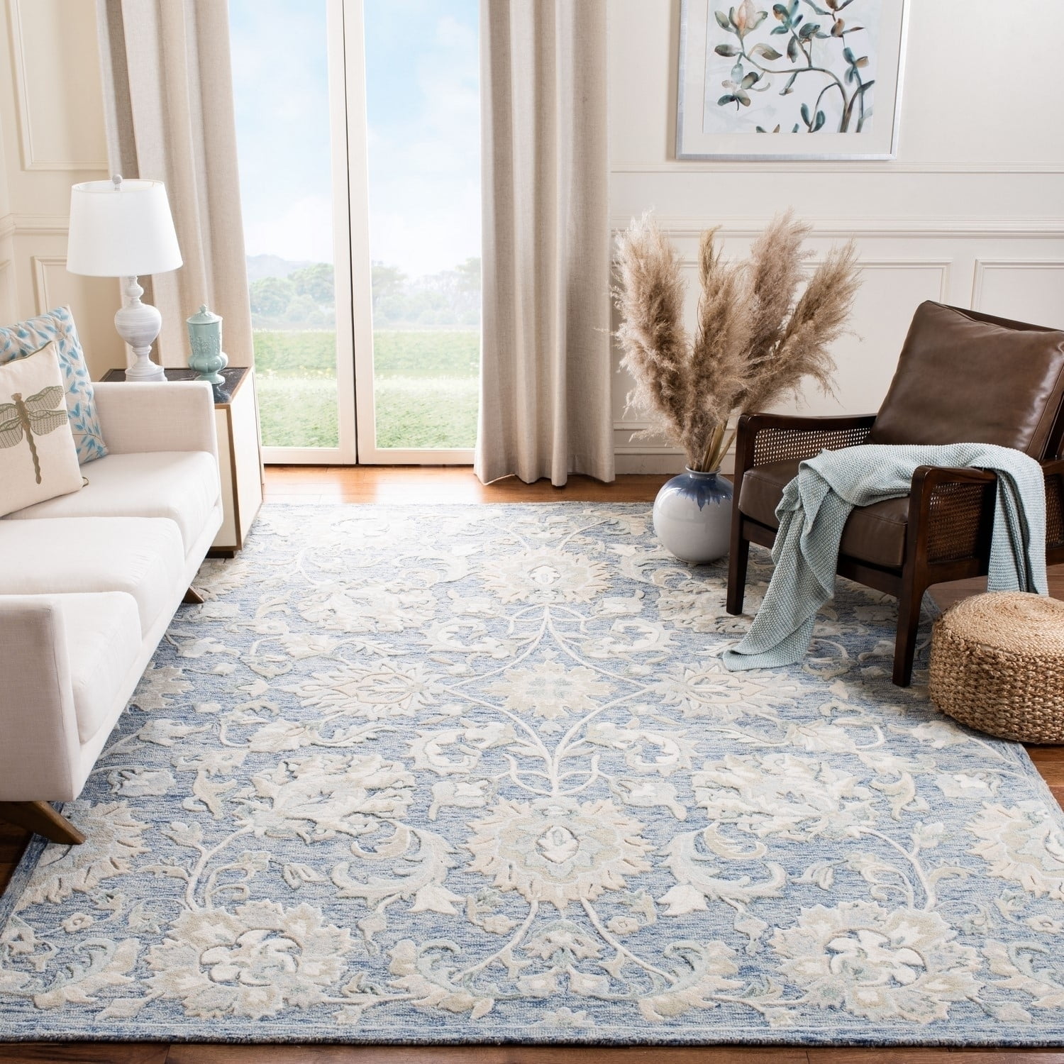 SAFAVIEH Glamour Catrine Bordered Wool Area Rug, Blue/Beige, 5' x 8'