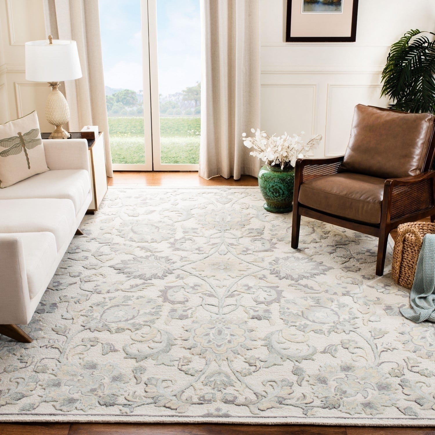 SAFAVIEH Glamour Catrine Bordered Wool Area Rug, Ivory/Grey, 6' x 6' Round