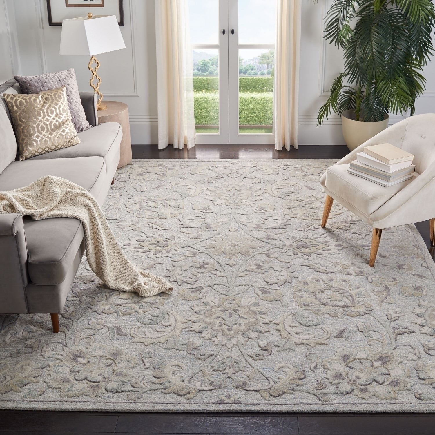 SAFAVIEH Glamour Catrine Bordered Wool Area Rug, Light Blue/Ivory