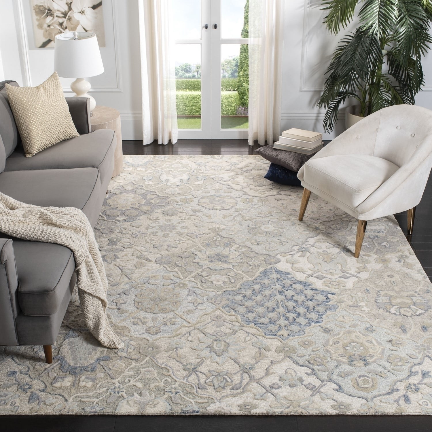 SAFAVIEH Glamour Charmaine Floral Wool Runner Rug, Grey/Blue, 2'3" x 8'
