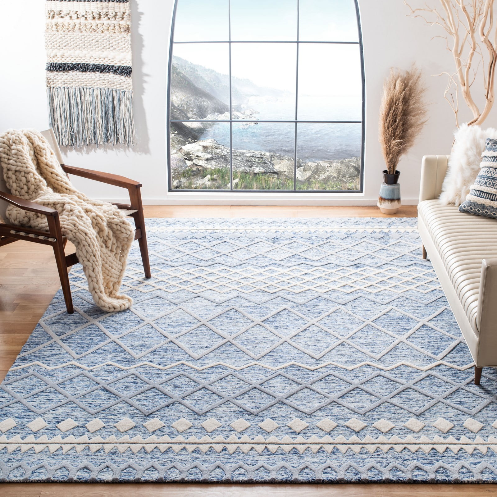 SAFAVIEH Glamour Drew Geometric Chevron Wool Area Rug, Blue/Ivory, 9' x 12'