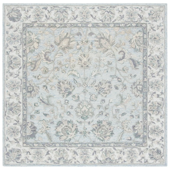 SAFAVIEH Glamour Pierce Bordered Wool Area Rug, Light Blue/Ivory, 6' x 6' Square