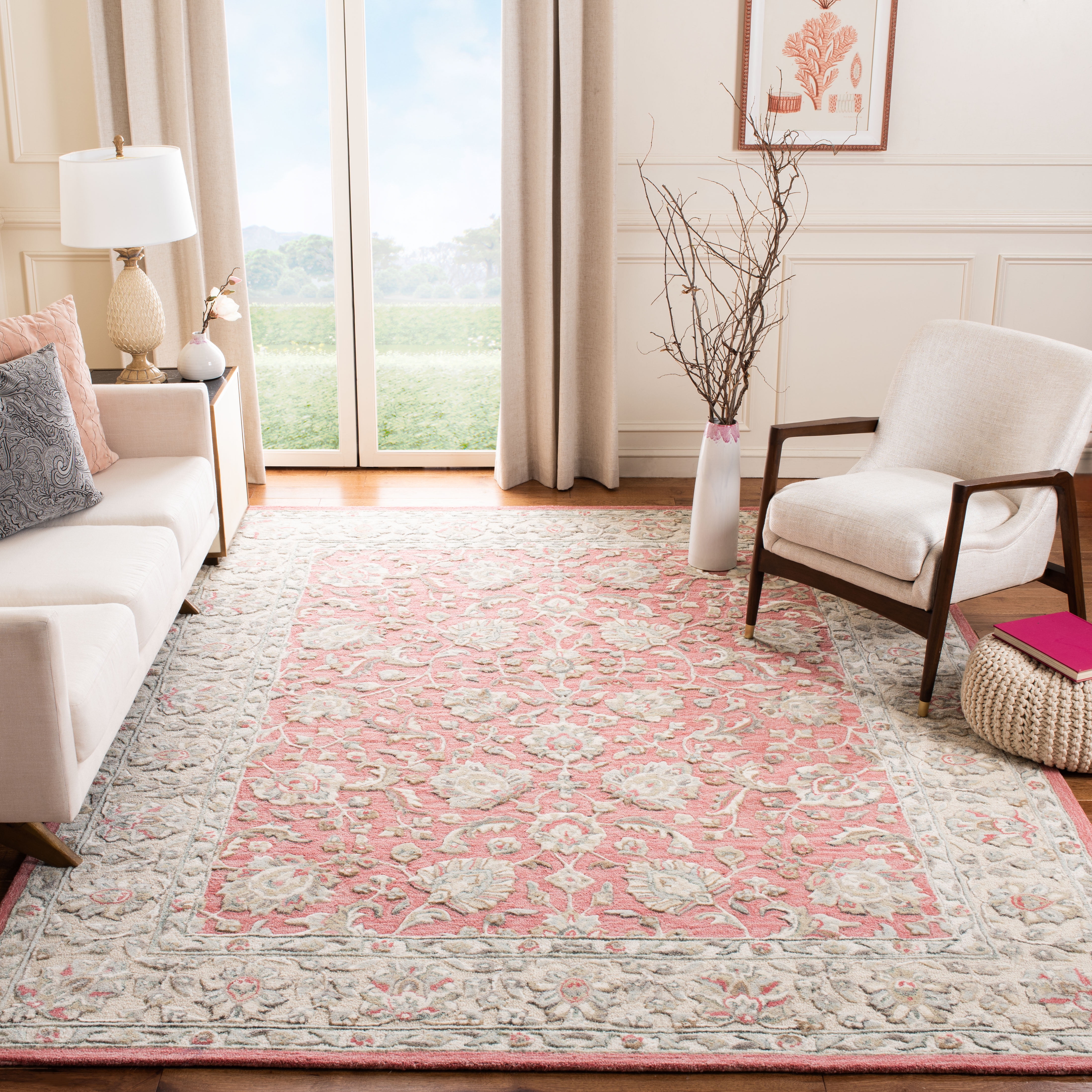 Ivory and Pink Floral Hand-Tufted Wool Area Rug 4' x 6'