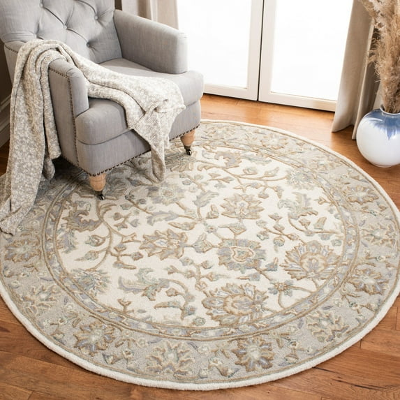 SAFAVIEH Glamour Pierce Floral Bordered Wool Area Rug, Ivory/Grey, 6' x 6' Round