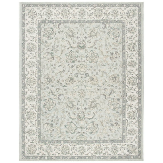 SAFAVIEH Glamour Pierce Floral Bordered Wool Area Rug, Light Blue/Ivory, 9' x 12'