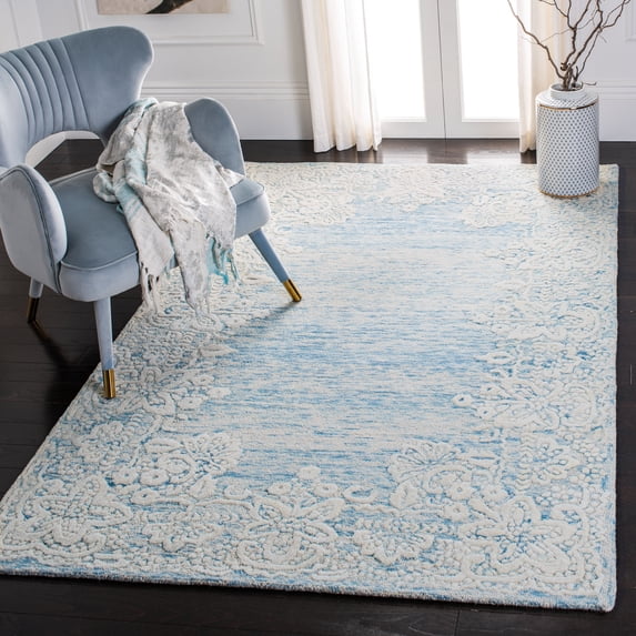 SAFAVIEH Glamour Stanice Distressed Floral Wool Area Rug, Blue/Ivory, 4' x 6'