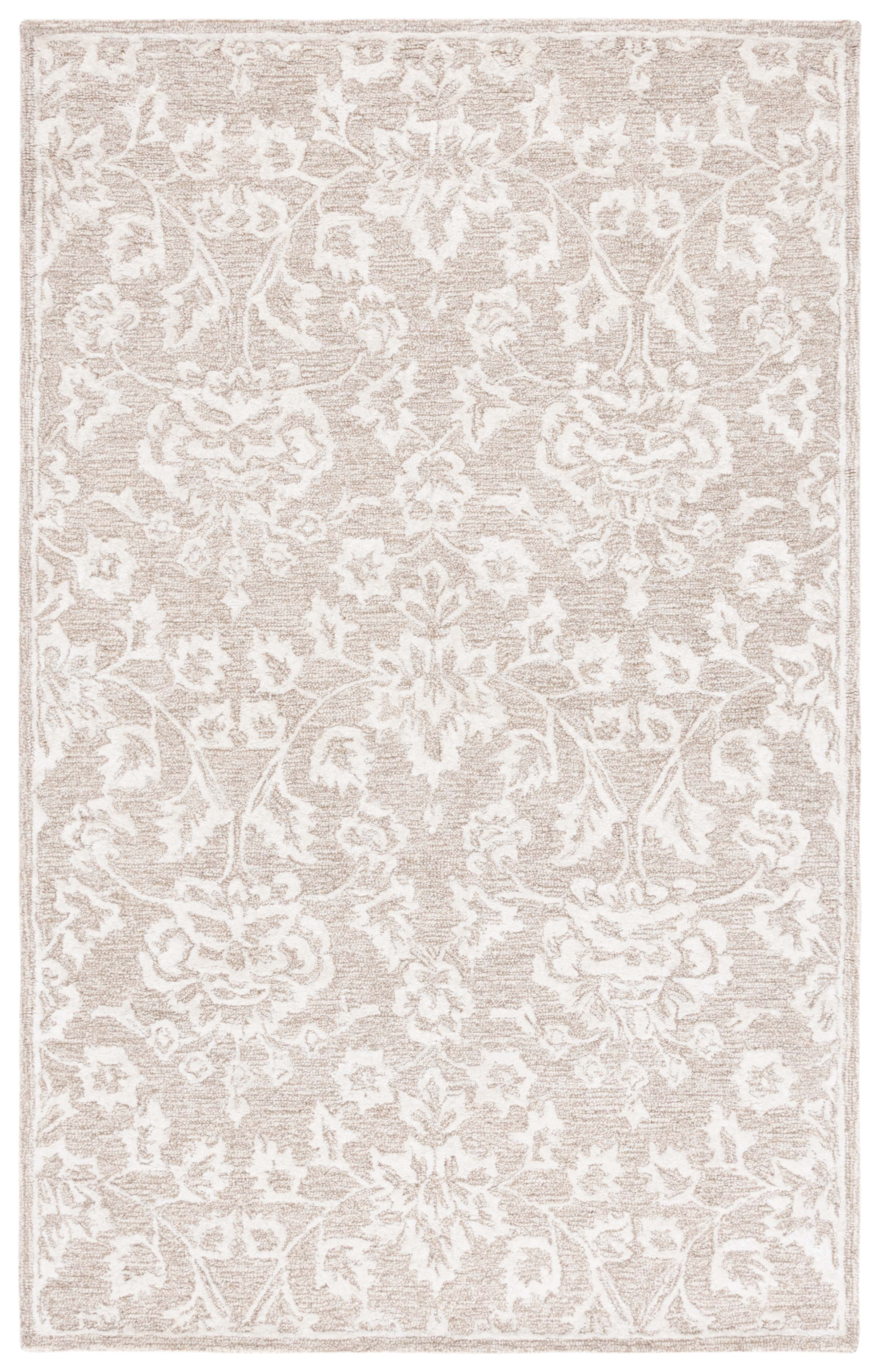 Beige and Ivory Hand-Tufted Wool and Viscose Floral Area Rug