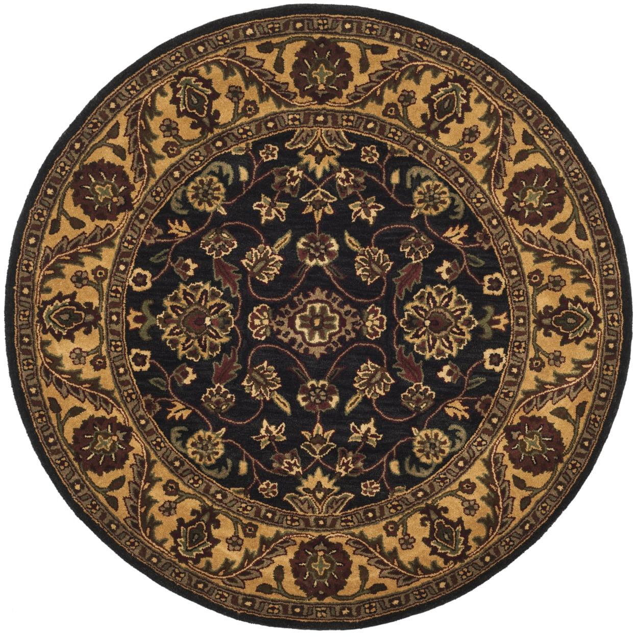 Elegant Victorian Floral 6' Round Black and Gold Wool Rug