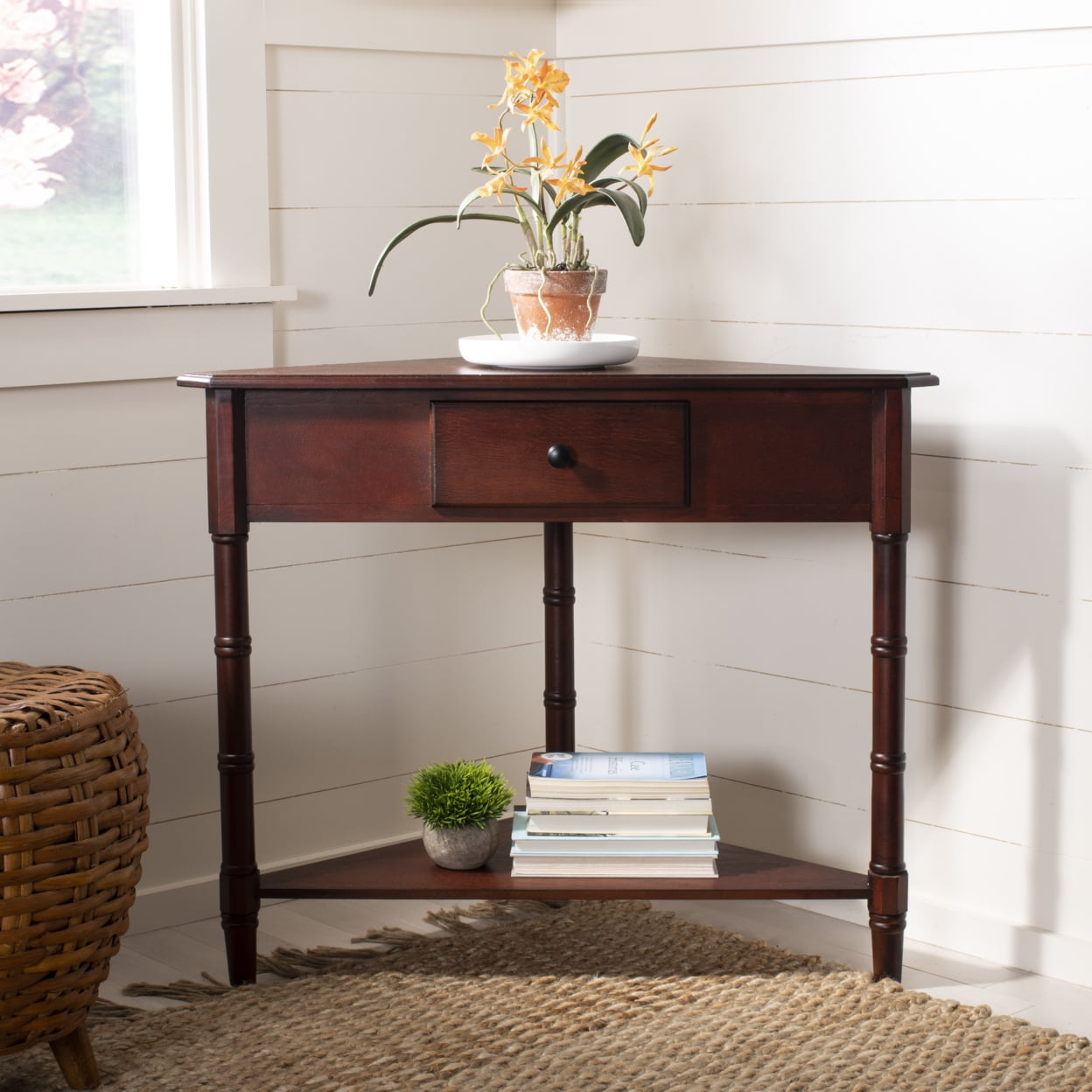 Cherry Triangular Wood Corner Console with Storage, 38"x22"