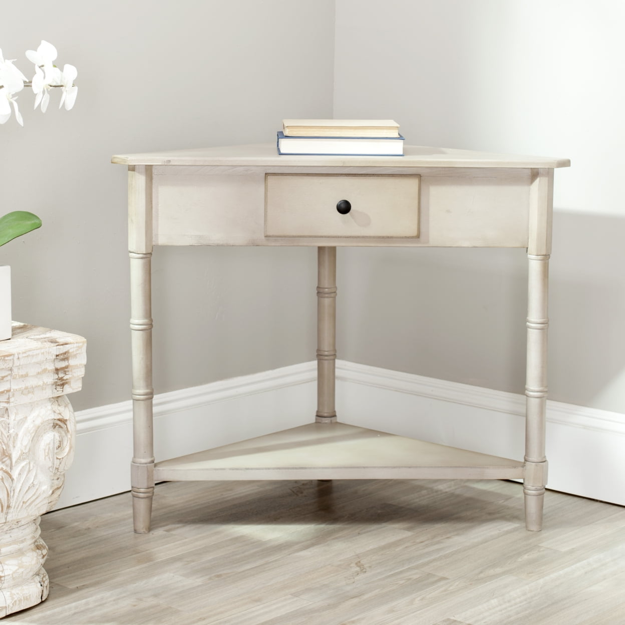 Vintage Gray Triangular Wood Corner Desk with Storage
