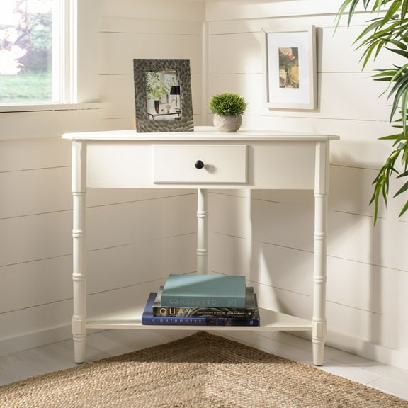 SAFAVIEH Gomez Solid Casual Corner Table With Storage Drawer, Distressed Cream
