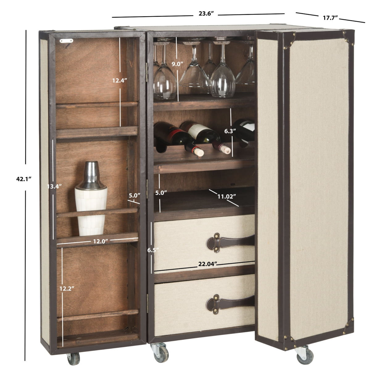Beige Linen and Vegan Leather Industrial Beverage Cabinet