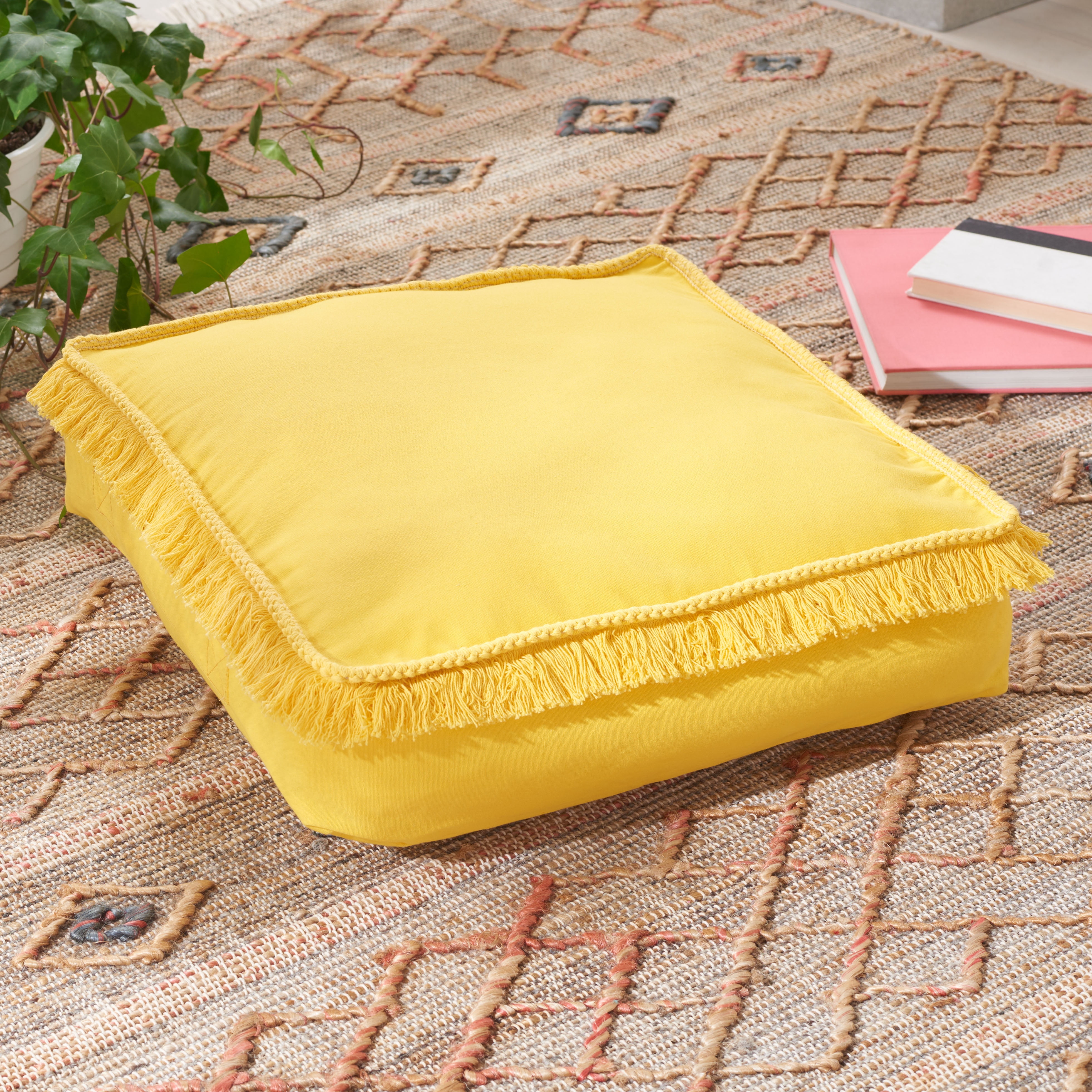 Yellow Cotton Square Floor Pillow with Braided Fringe