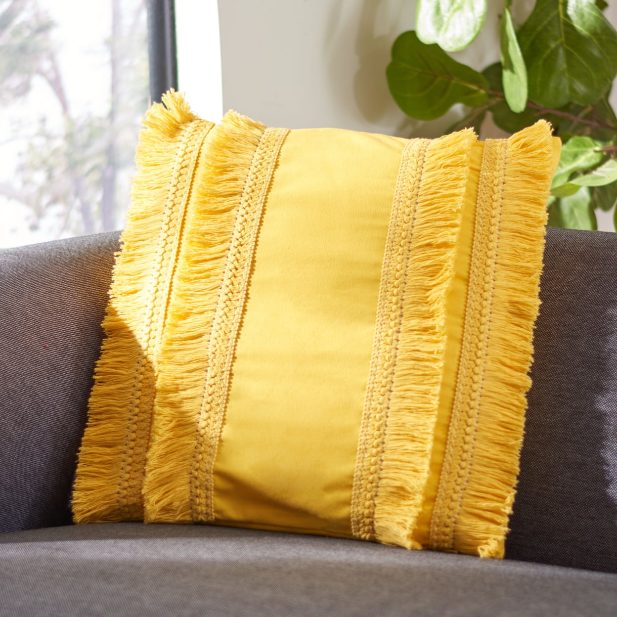 Yellow Cotton Fringed Square Accent Pillow