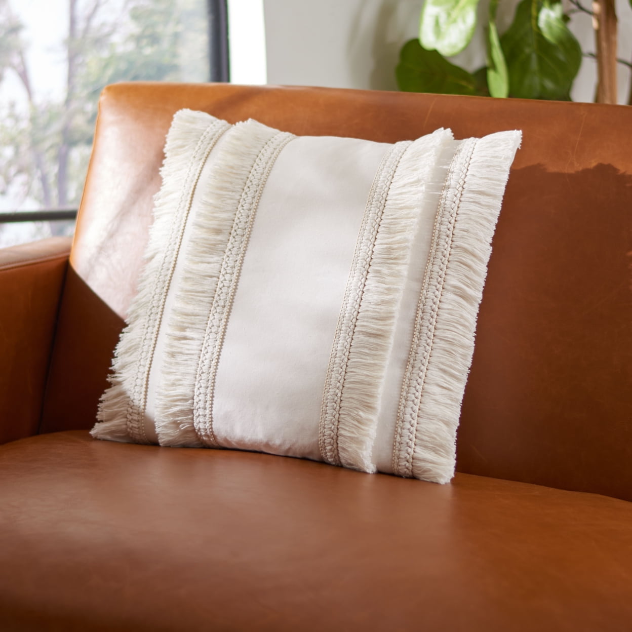 Ivory Bohemian Fringed Rectangular Throw Pillow