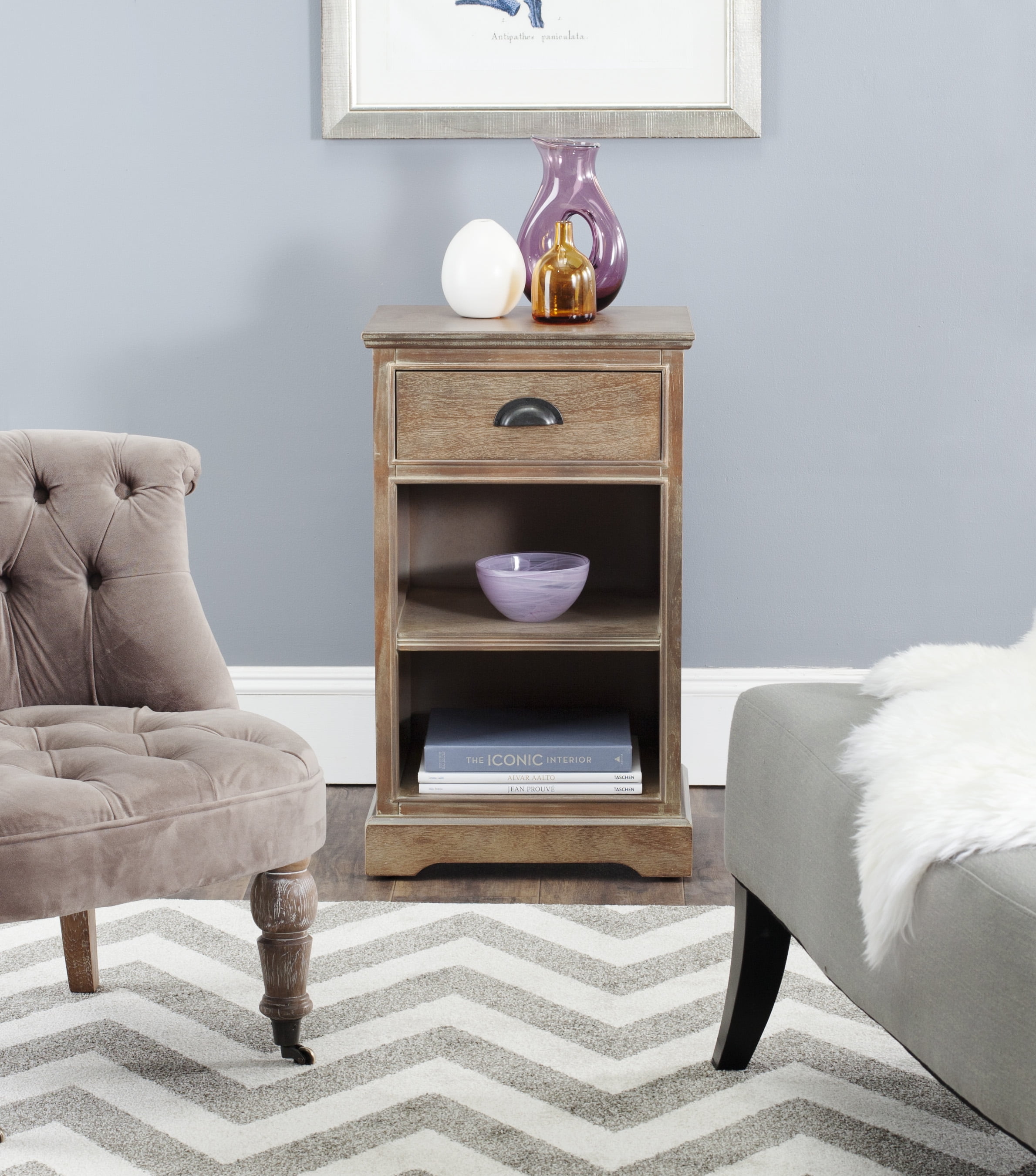 Beige Pine Transitional Rectangular Side Table with Storage