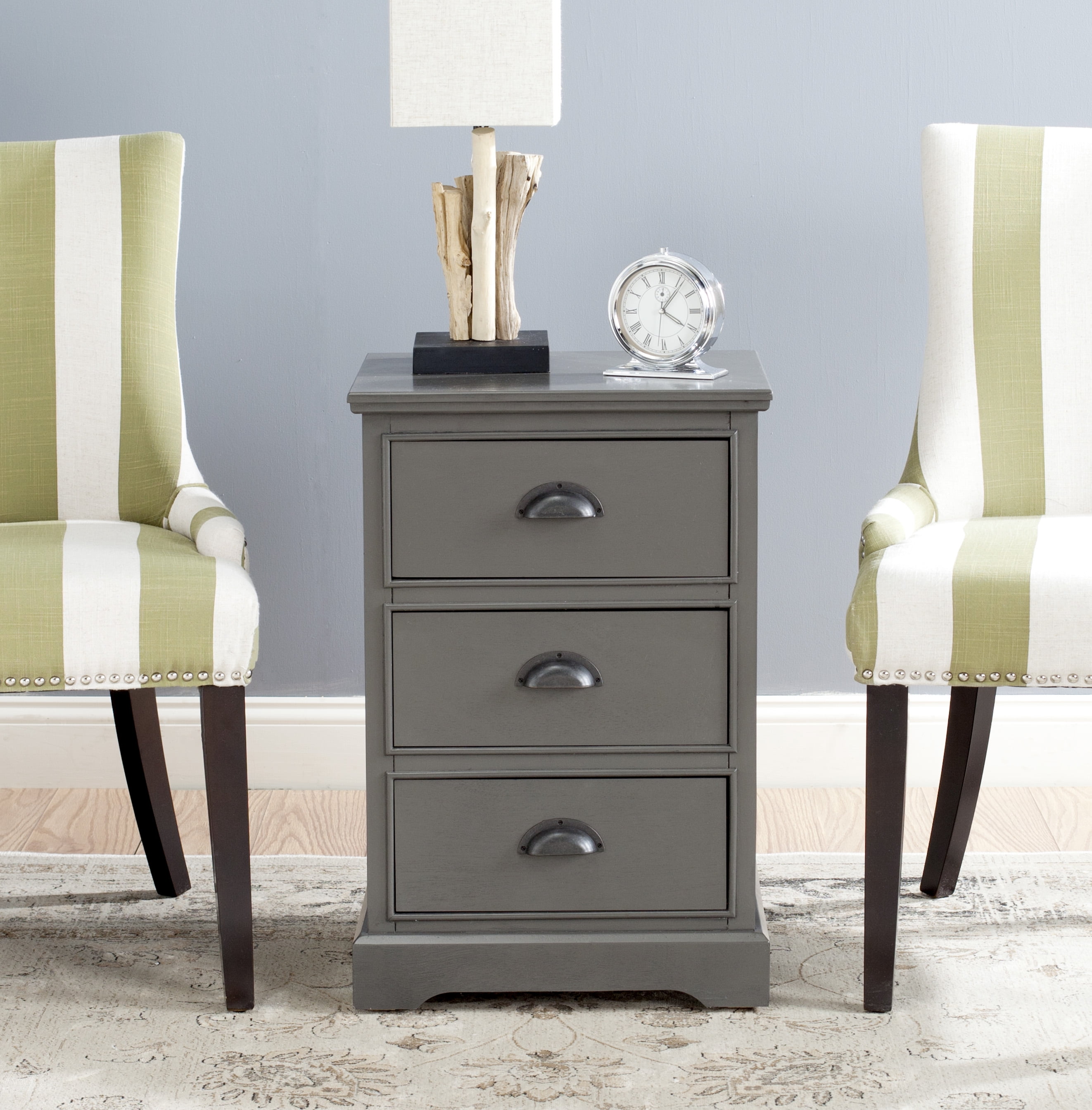 Gray Pine Wood 3-Drawer Accent Table