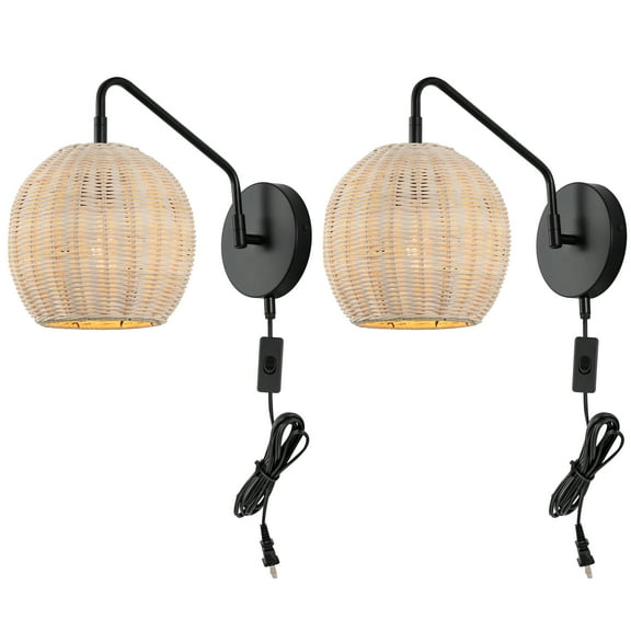 SAFAVIEH Grigory Tungsten Black Metal Wall Sconce with Light Brown Rattan Shade, Set of 2