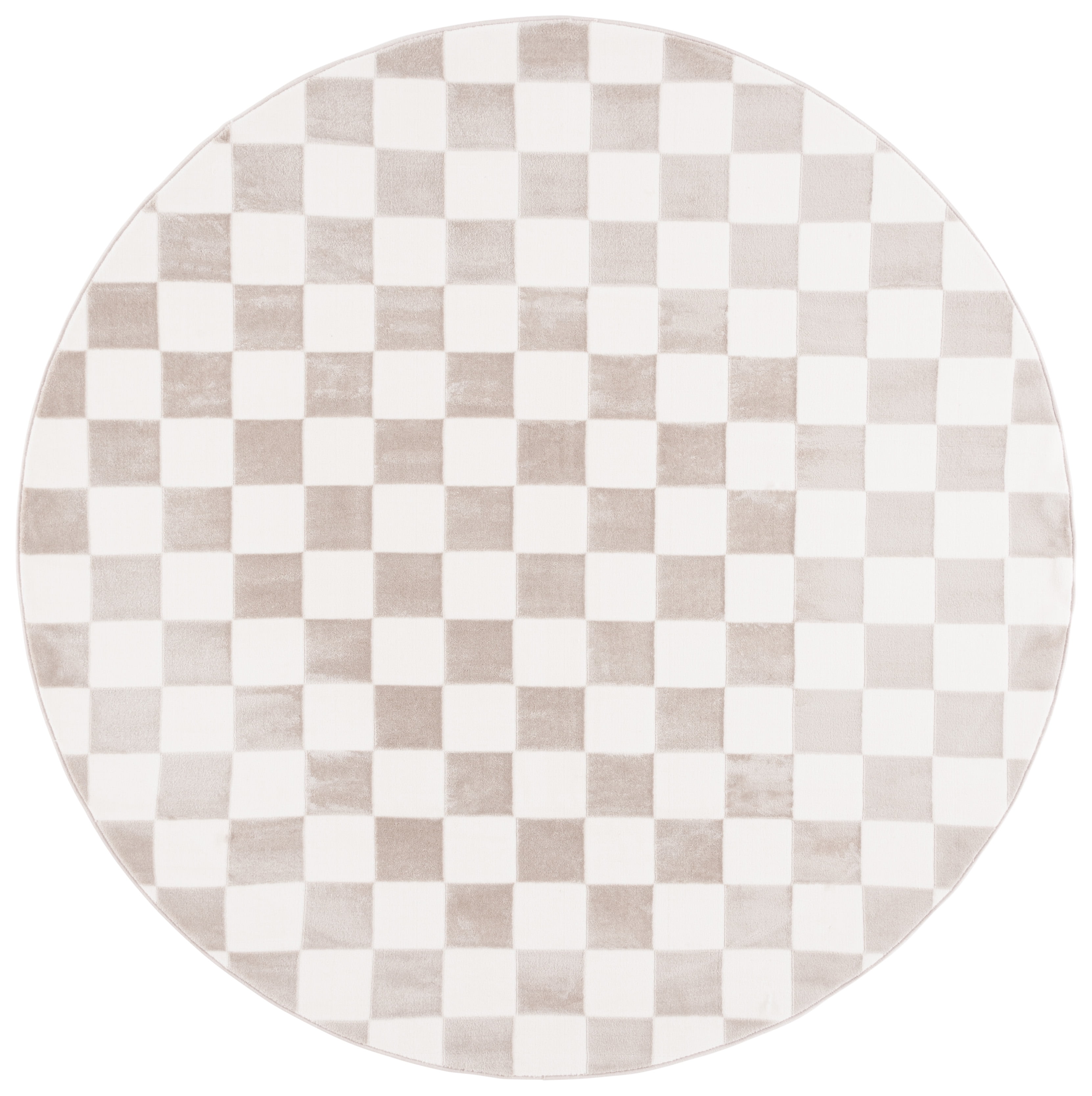 Ivory and Beige Round Checkered Synthetic Area Rug, 6'7"