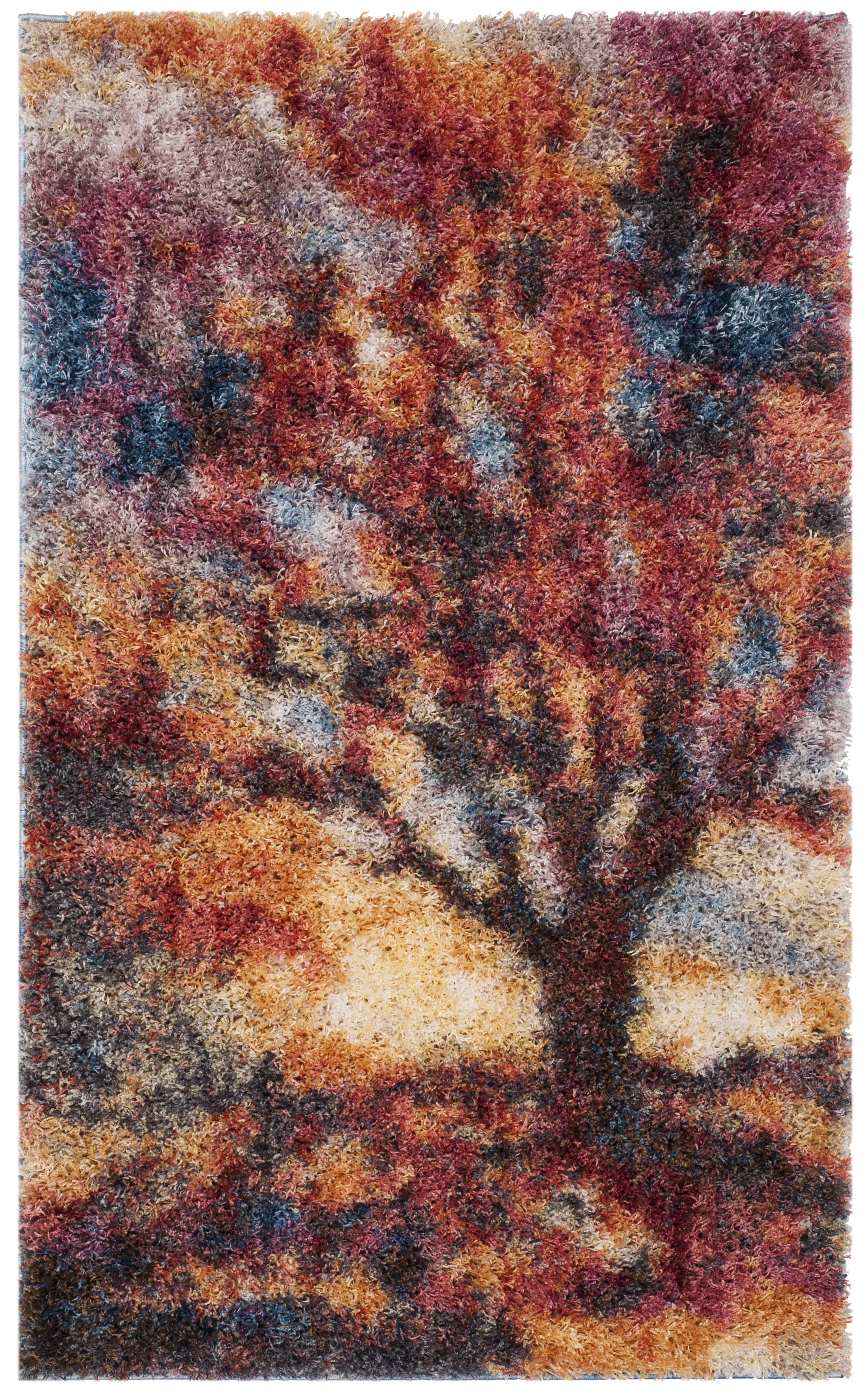 Rust and Blue Abstract Hand-Knotted Shag Rug 2'3" x 4'