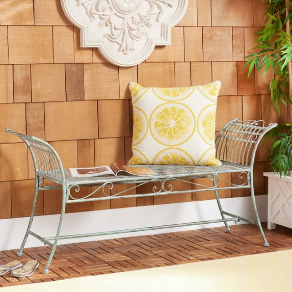 SAFAVIEH Hadley Outdoor Patio Swirls Garden Bench, Antique Green