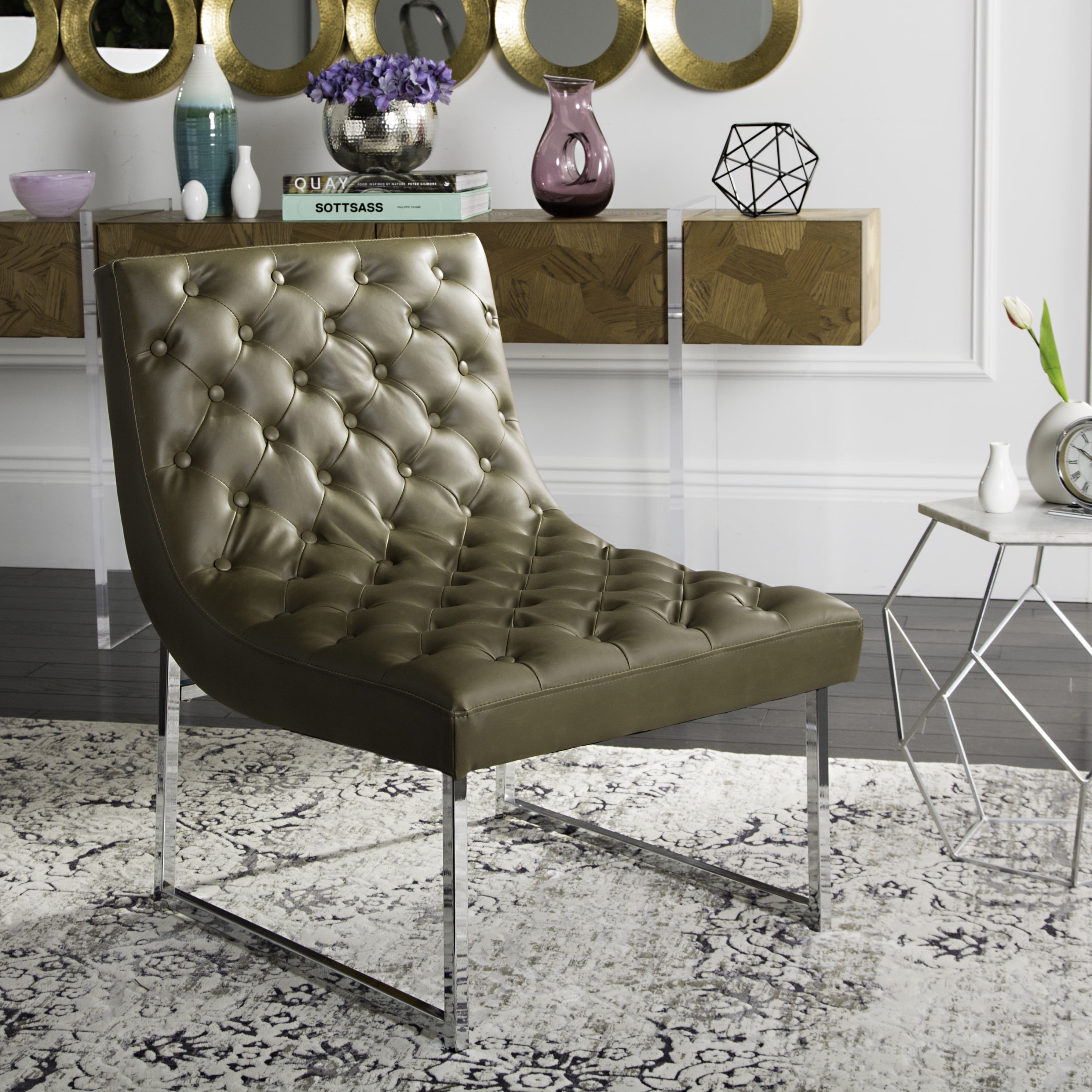 Hadley Antique Taupe Velvet Tufted Wood Accent Chair
