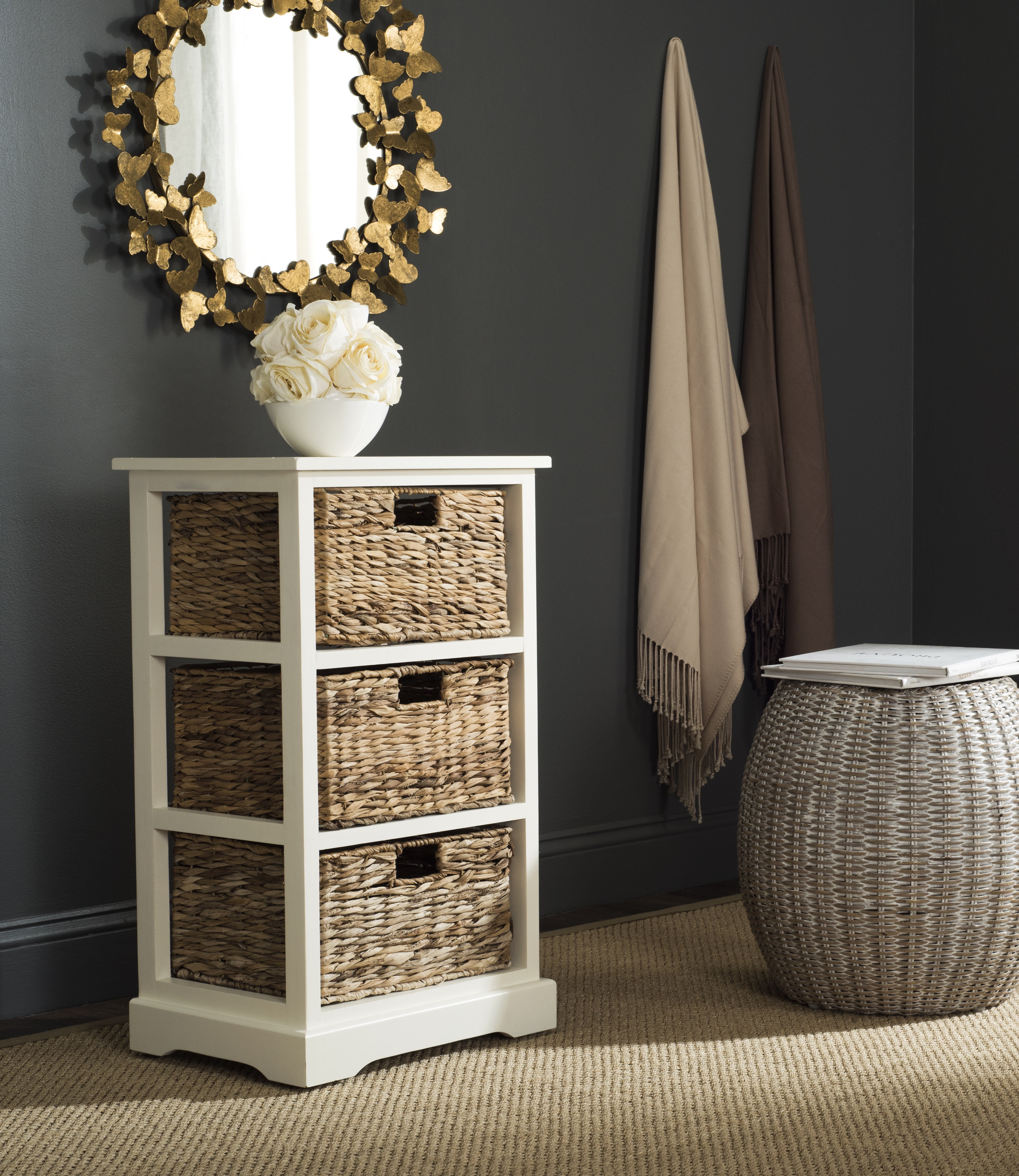 Distressed White Pine Wood 3-Drawer Side Table with Wicker Baskets