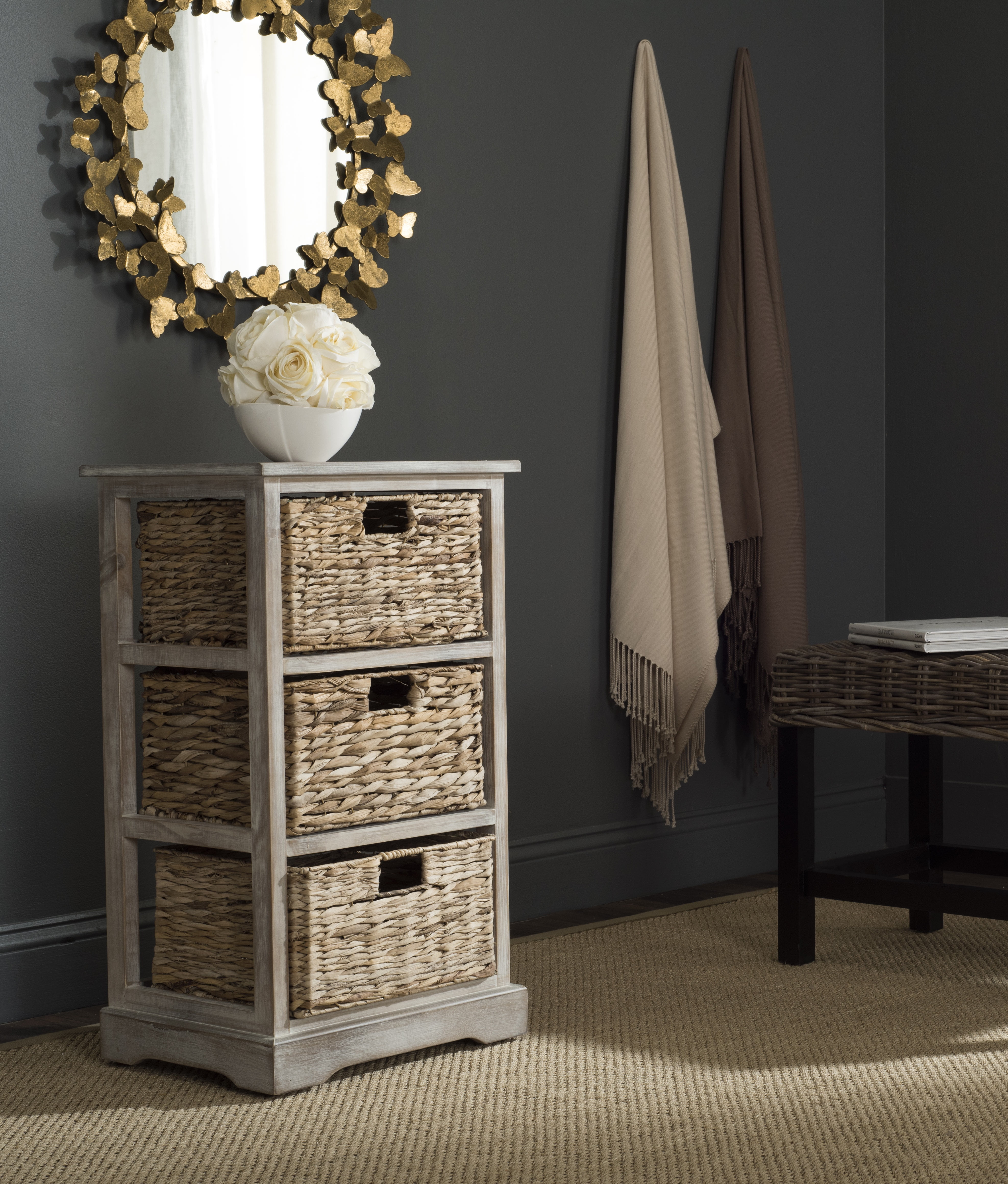 Transitional Brown Pine Wood Rectangular Side Table with 3 Wicker Baskets