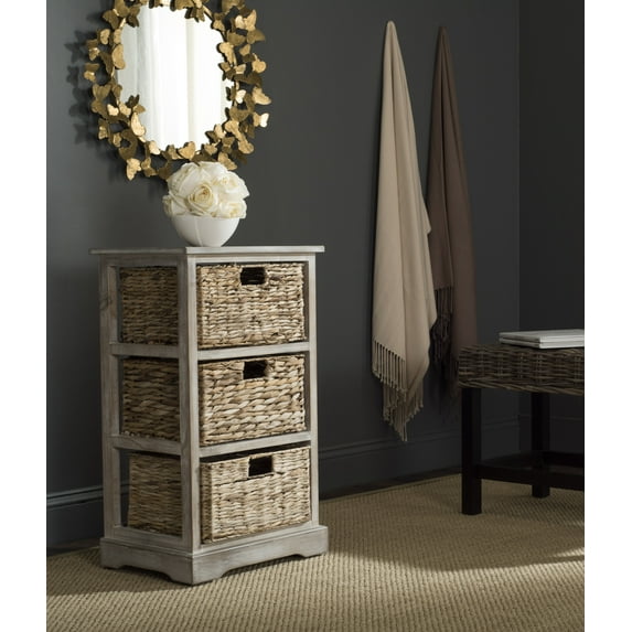 SAFAVIEH Halle Solid 3 Wicker Basket Storage Side Table, Vintage White