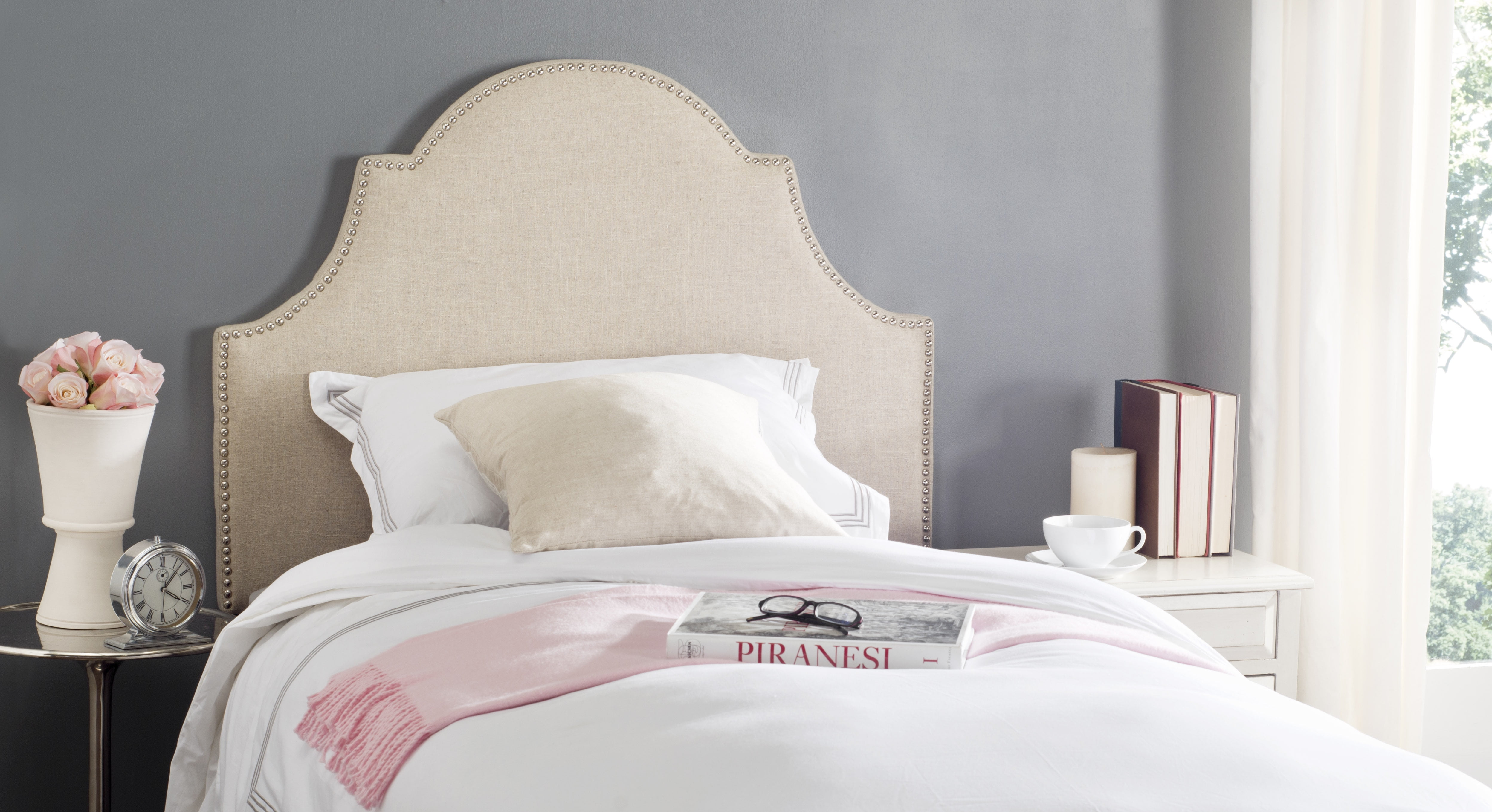Hemp Linen Upholstered Twin Headboard with Silver Nailhead Trim