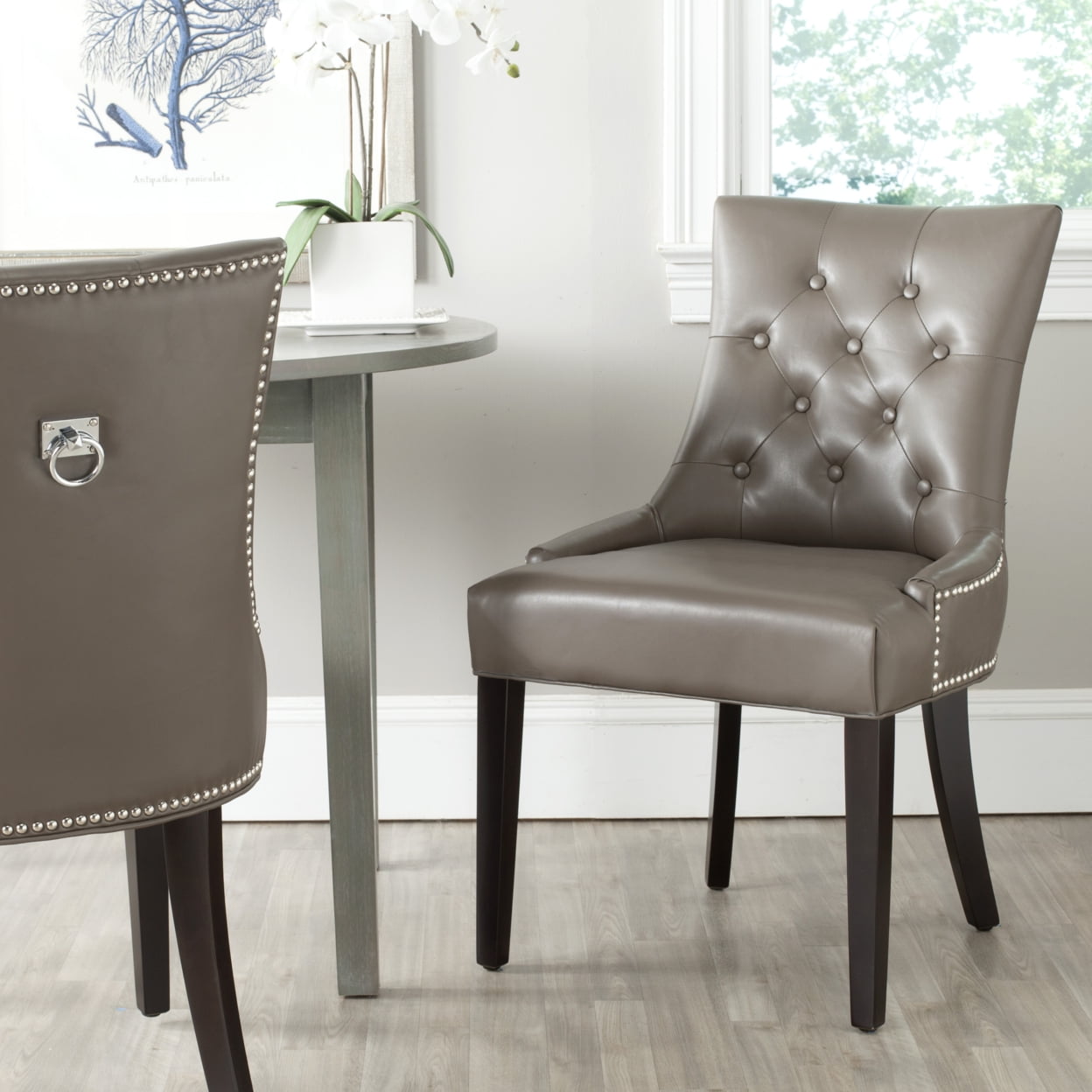 Gray Leather Parsons Chairs with Wood Legs, Set of 2
