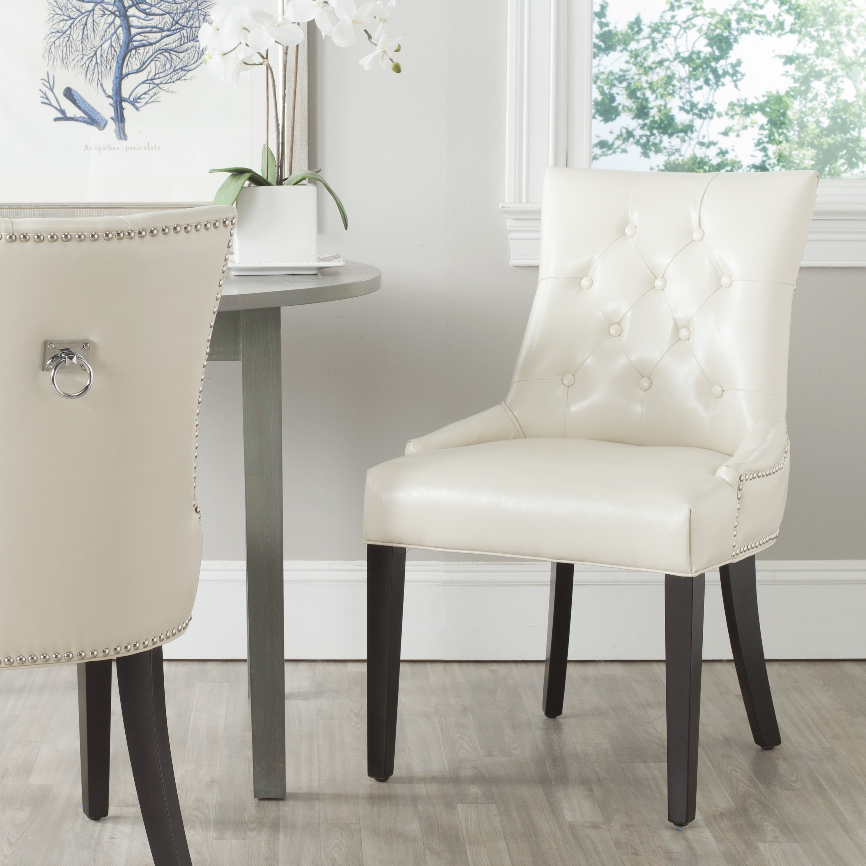 Flat Cream Leather Parsons Dining Chairs with Wood Legs, Set of 2