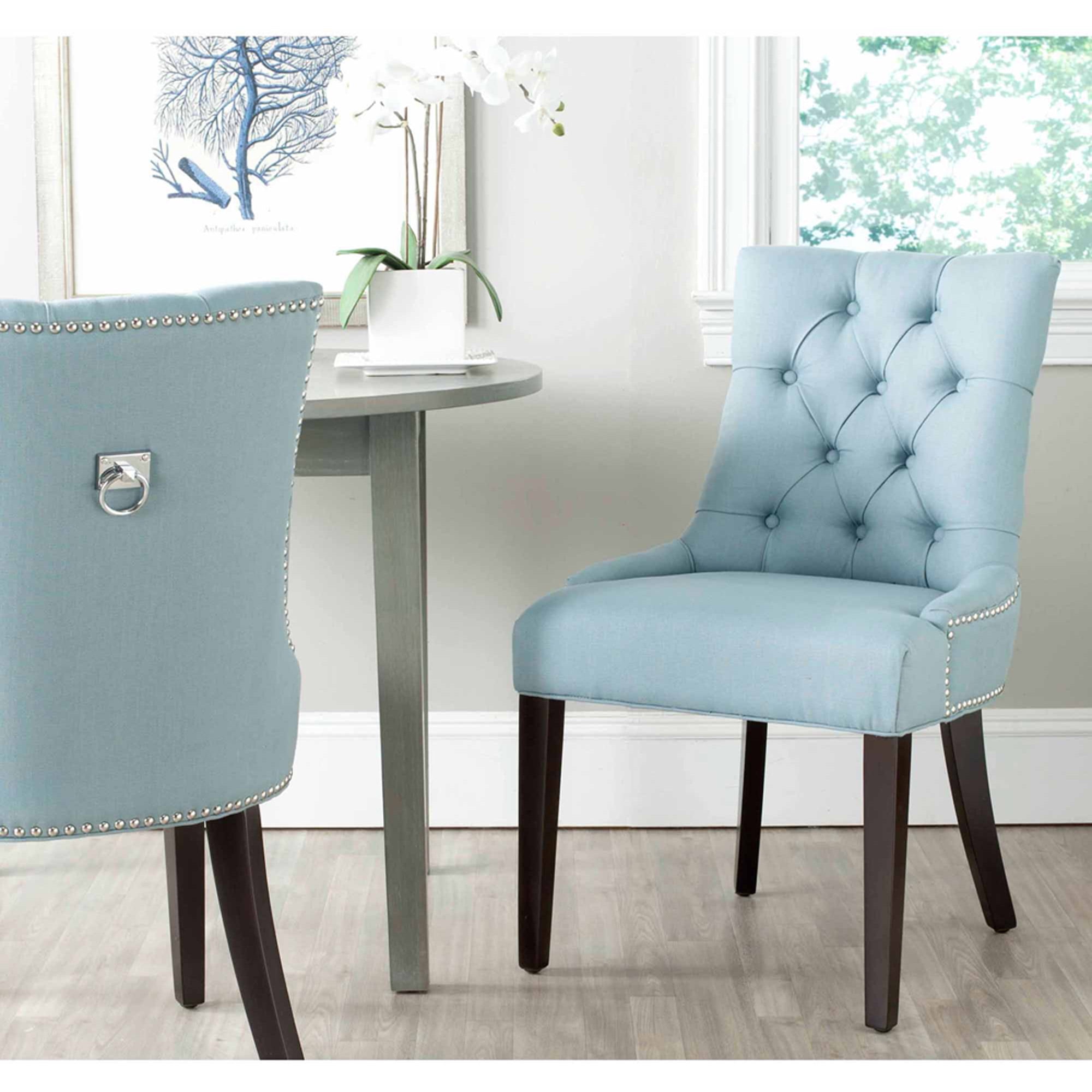 SAFAVIEH Harlow Glam Tufted Ring Chair with Silver Nailheads, Set of 2, Light Blue