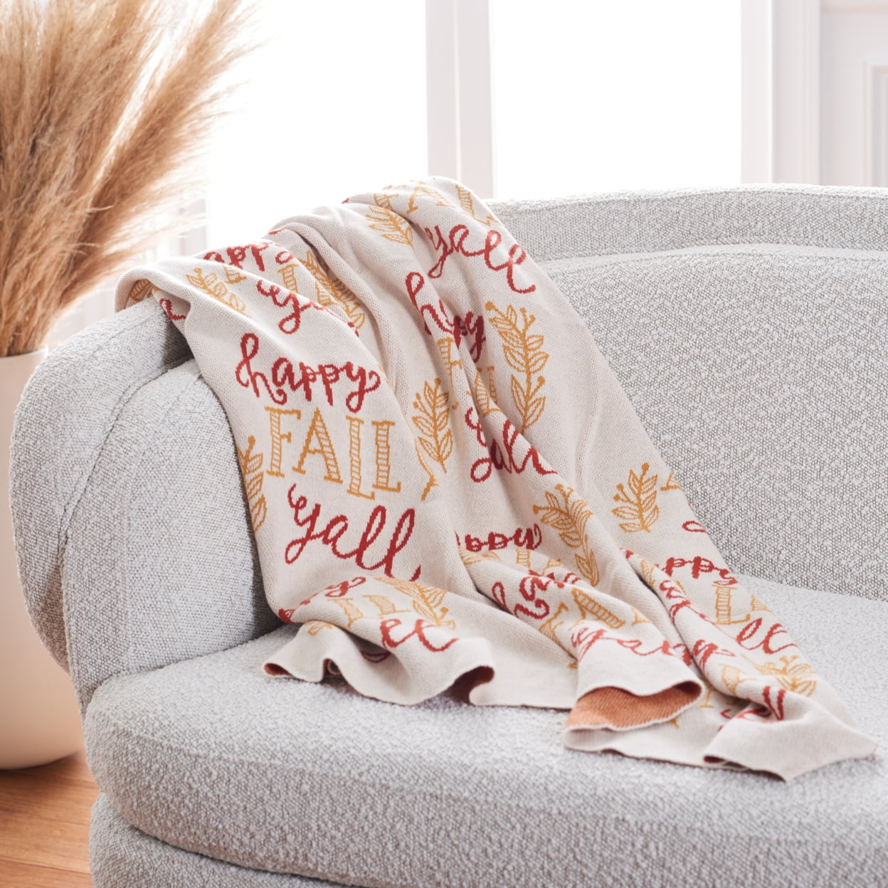 Happy Fall Y'all Beige and Orange Cotton Throw Blanket