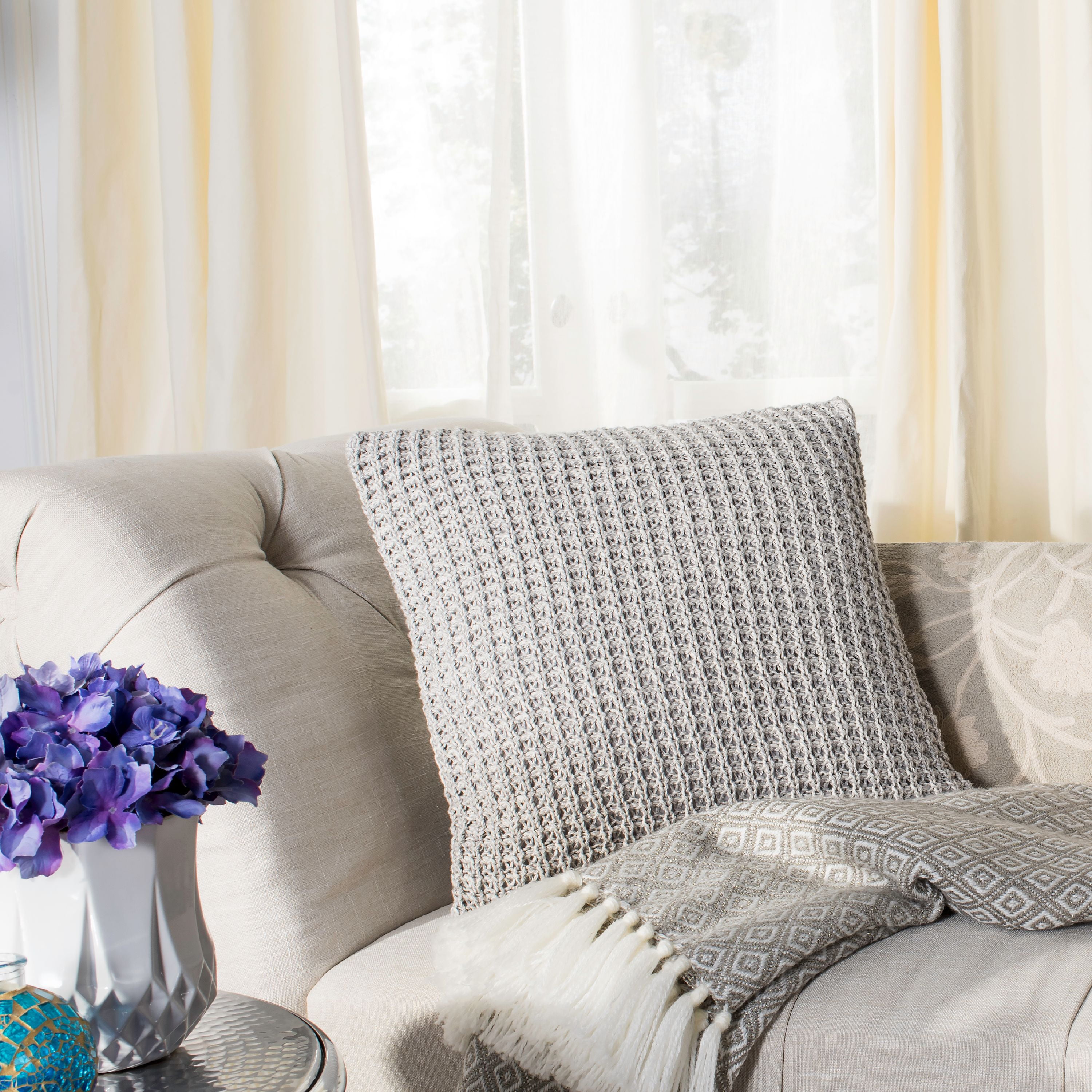 Haven 20" Gray and Beige Cotton Knit Pillow