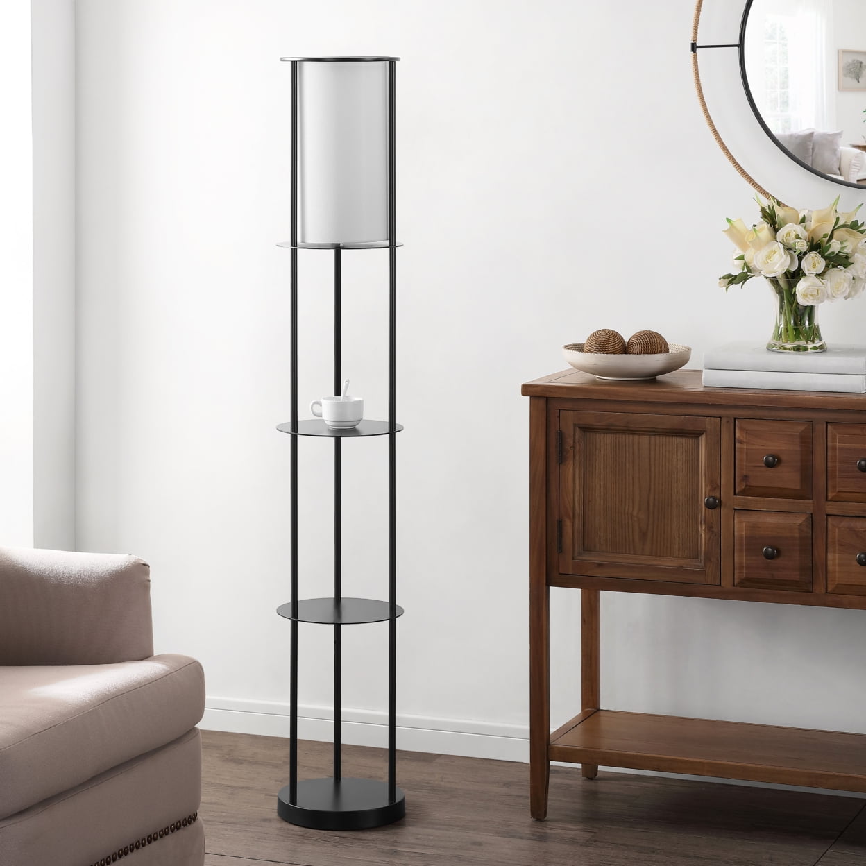 Hayes 59.5'' Black Iron Floor Lamp with Integrated Side Table