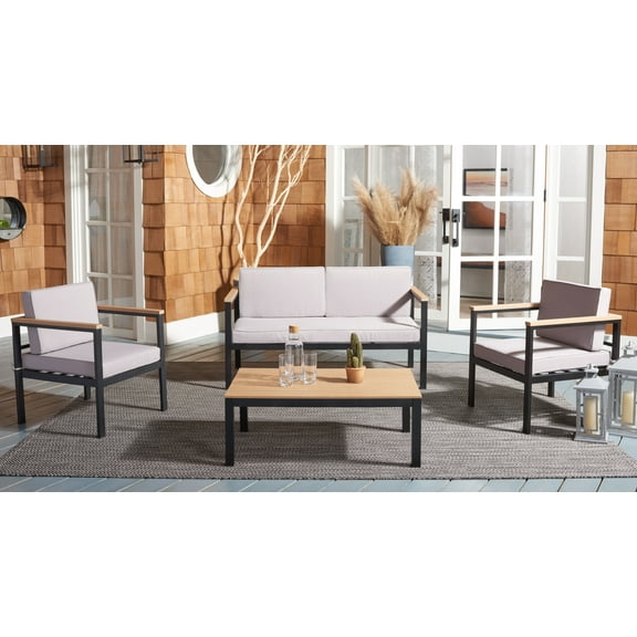 SAFAVIEH Hendor Outdoor Patio 4 Piece Conversation Set, Black/Grey