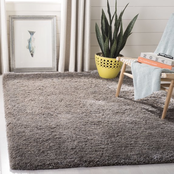 SAFAVIEH Henley Solid South Beach Polyester Shag Area Rug, Silver, 5' x 7'
