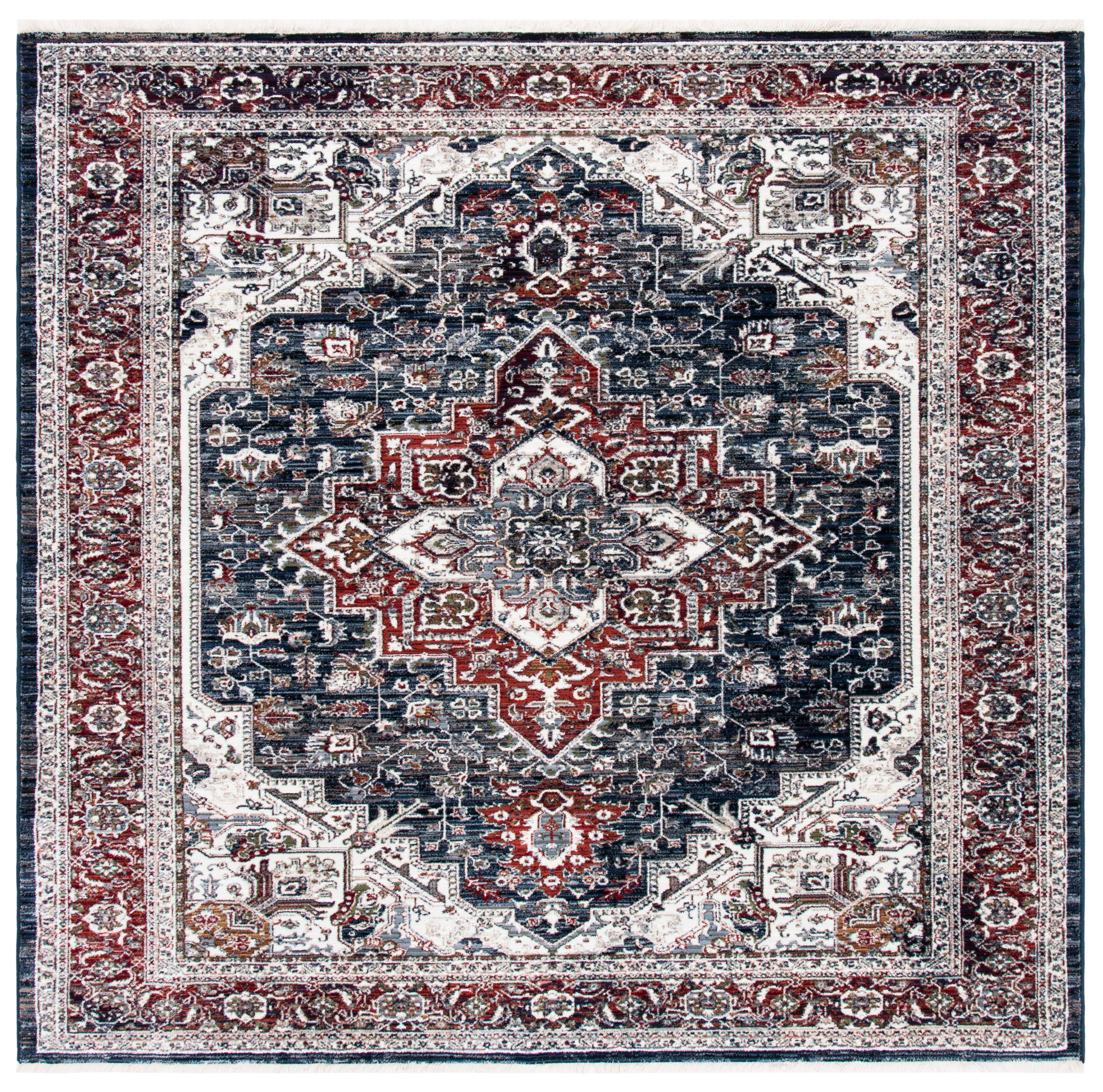 Navy and Red Medallion Square Synthetic Area Rug