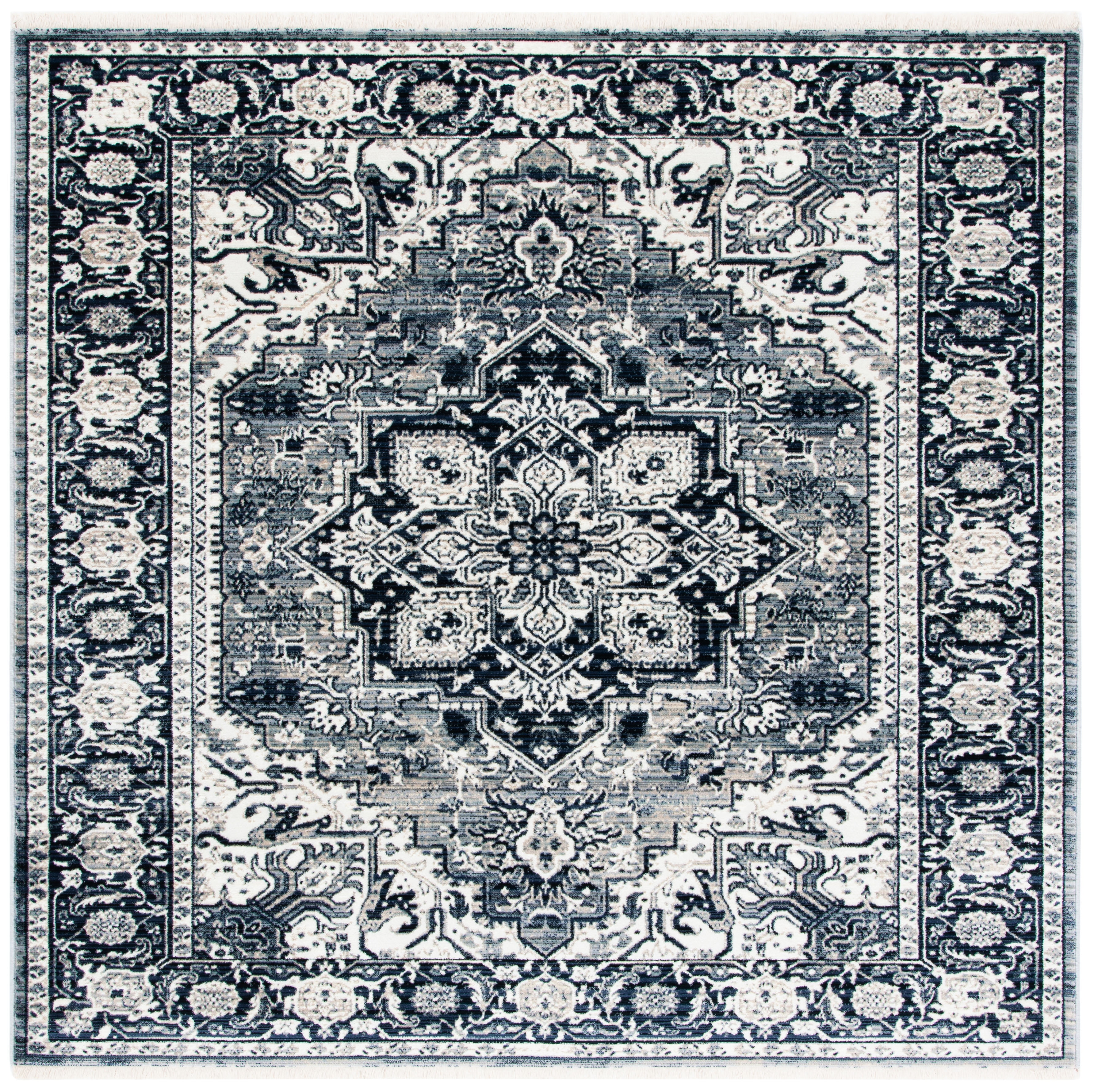 Navy and Ivory Square Oriental Synthetic Area Rug