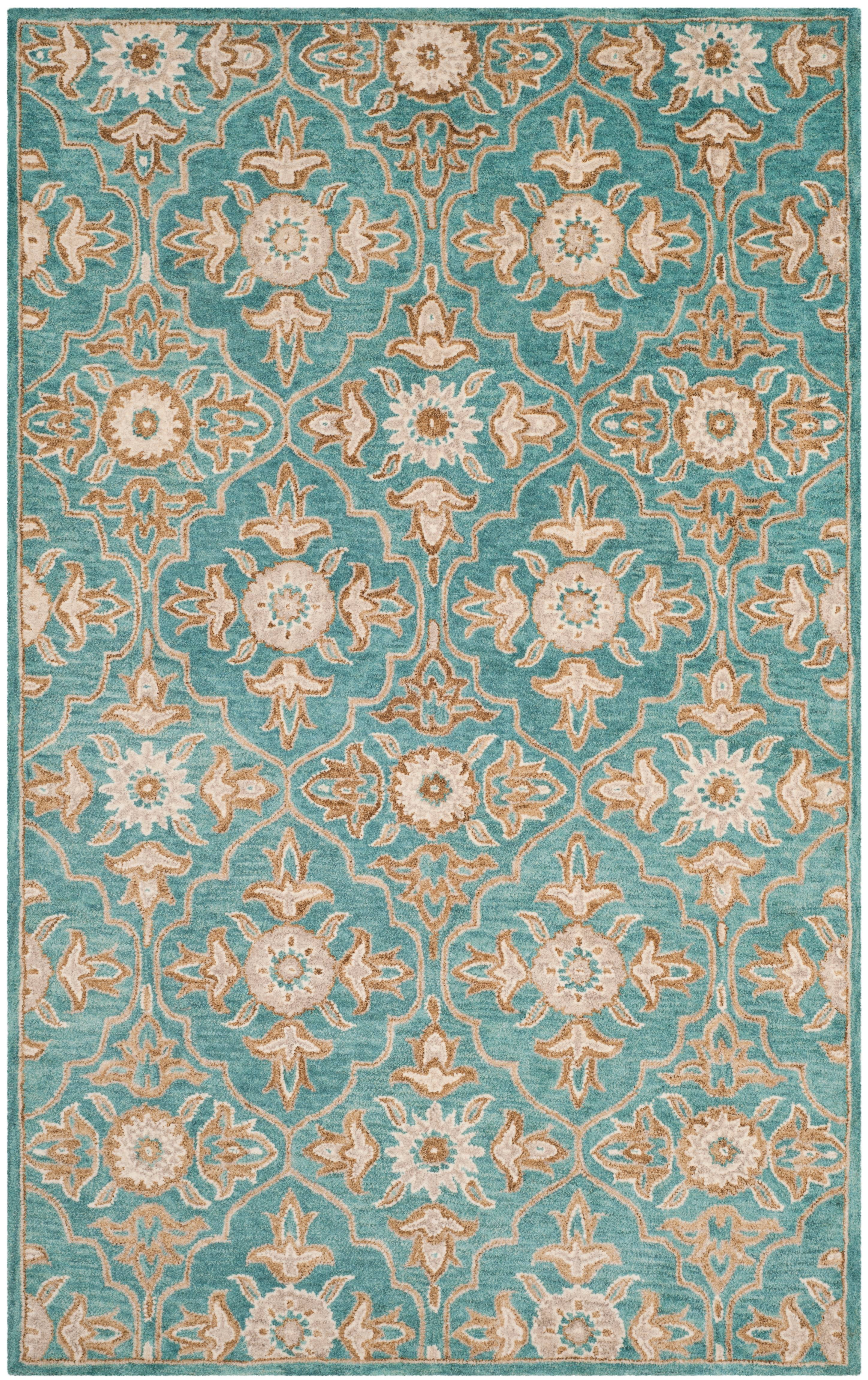 Turquoise and Beige Hand-Tufted Wool Area Rug, 3' x 5'