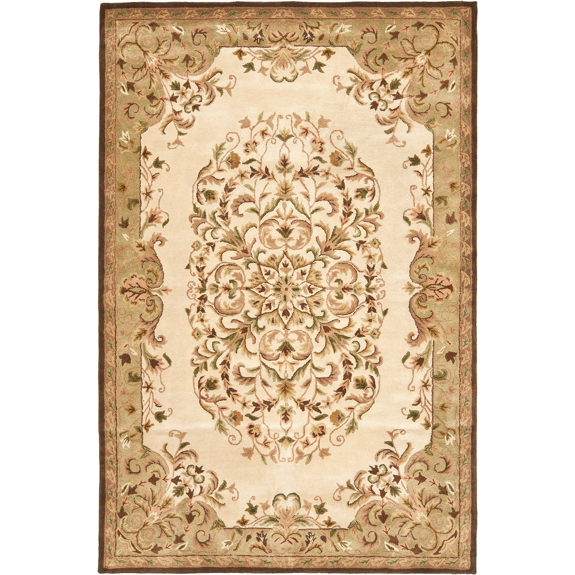 Handcrafted Beige & Green Wool Rectangular Area Rug, 59"