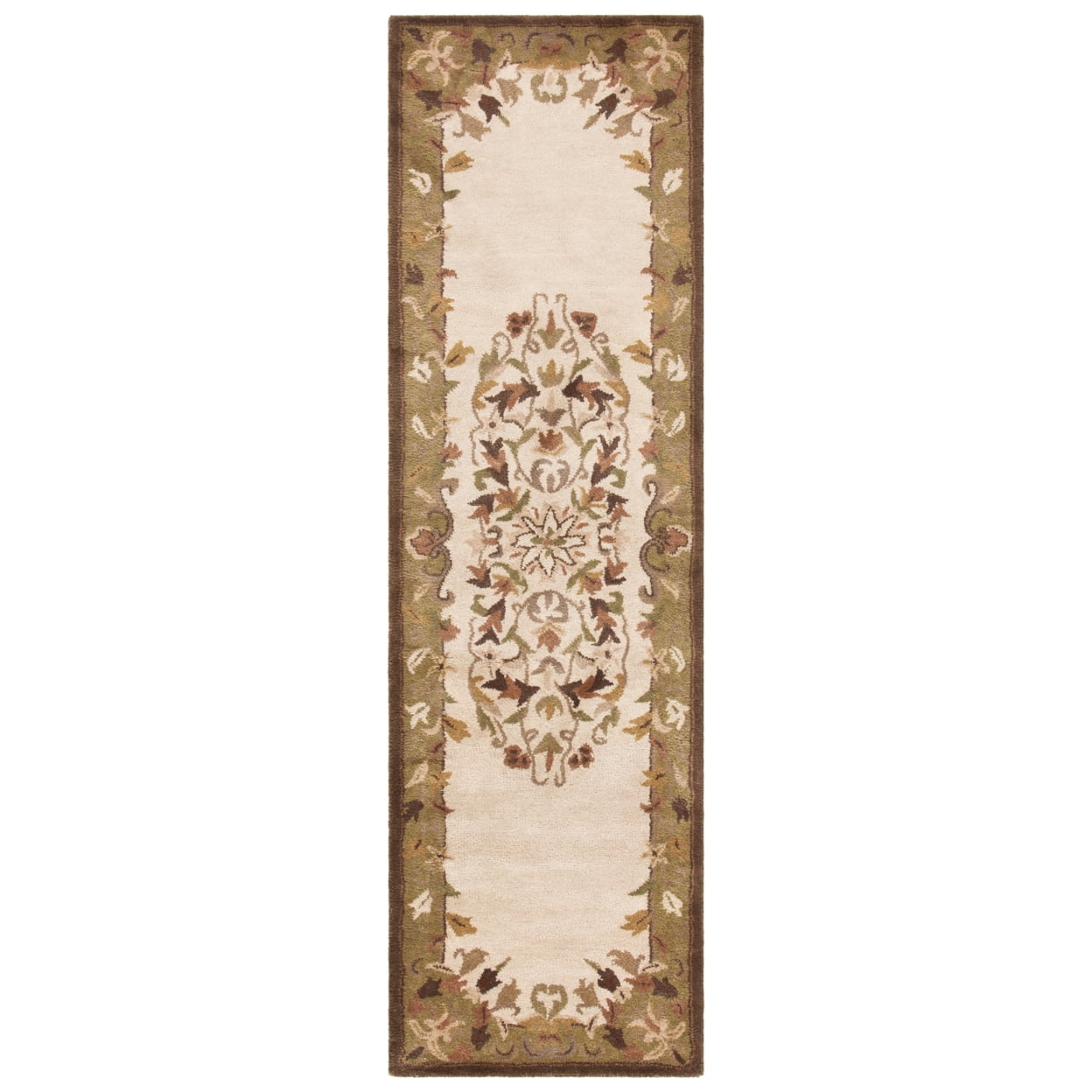 Handmade Beige and Green Wool Traditional Runner Rug, 2'3" x 10'