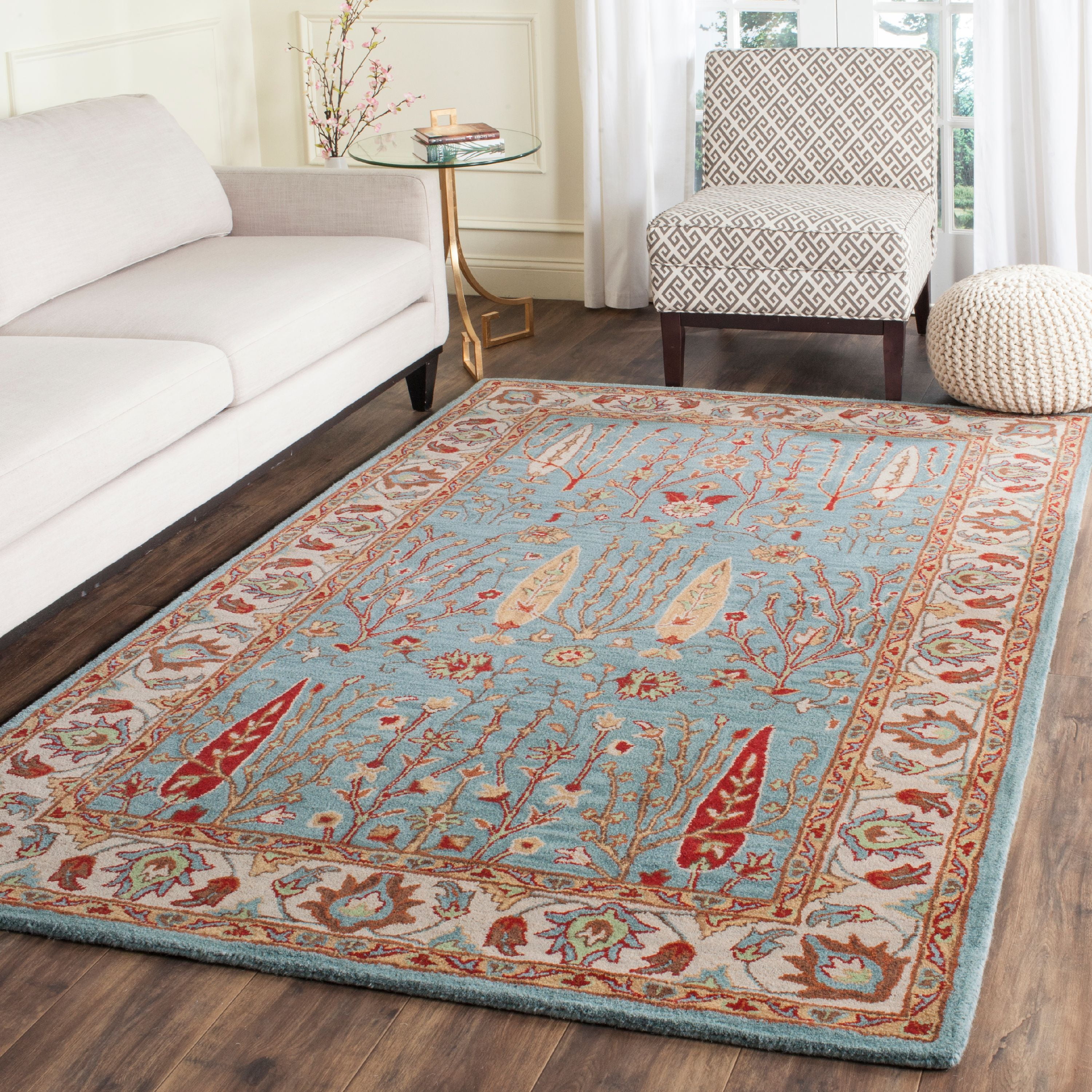 Handmade Ivory and Blue Wool Tufted Rectangular Area Rug